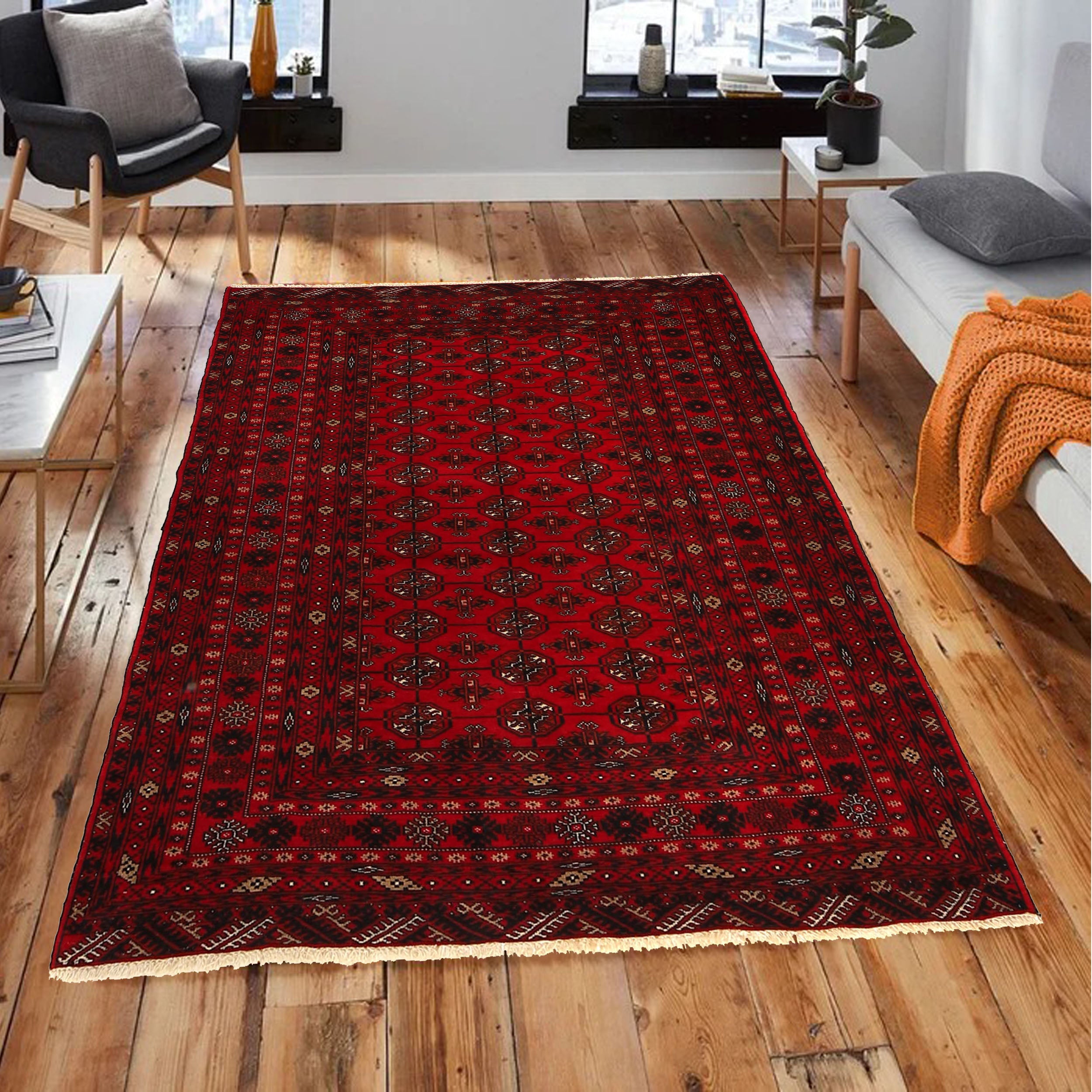 Handmade Wool Bokhara Area Rug Red 4'2"x5'6" (ID 1325)