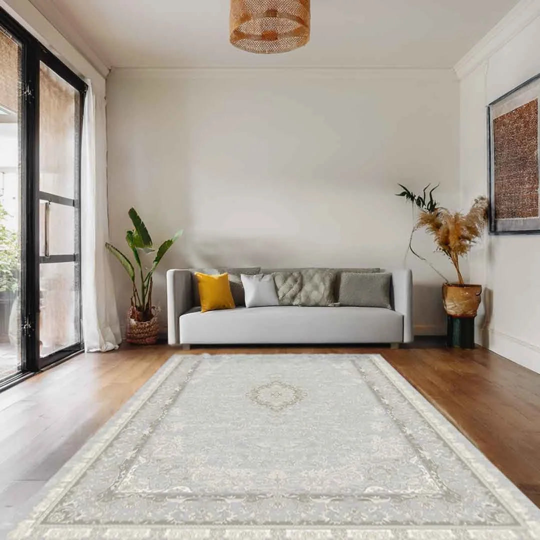 Sapphire Whisper Frame Light Grey Beige Persian Rug