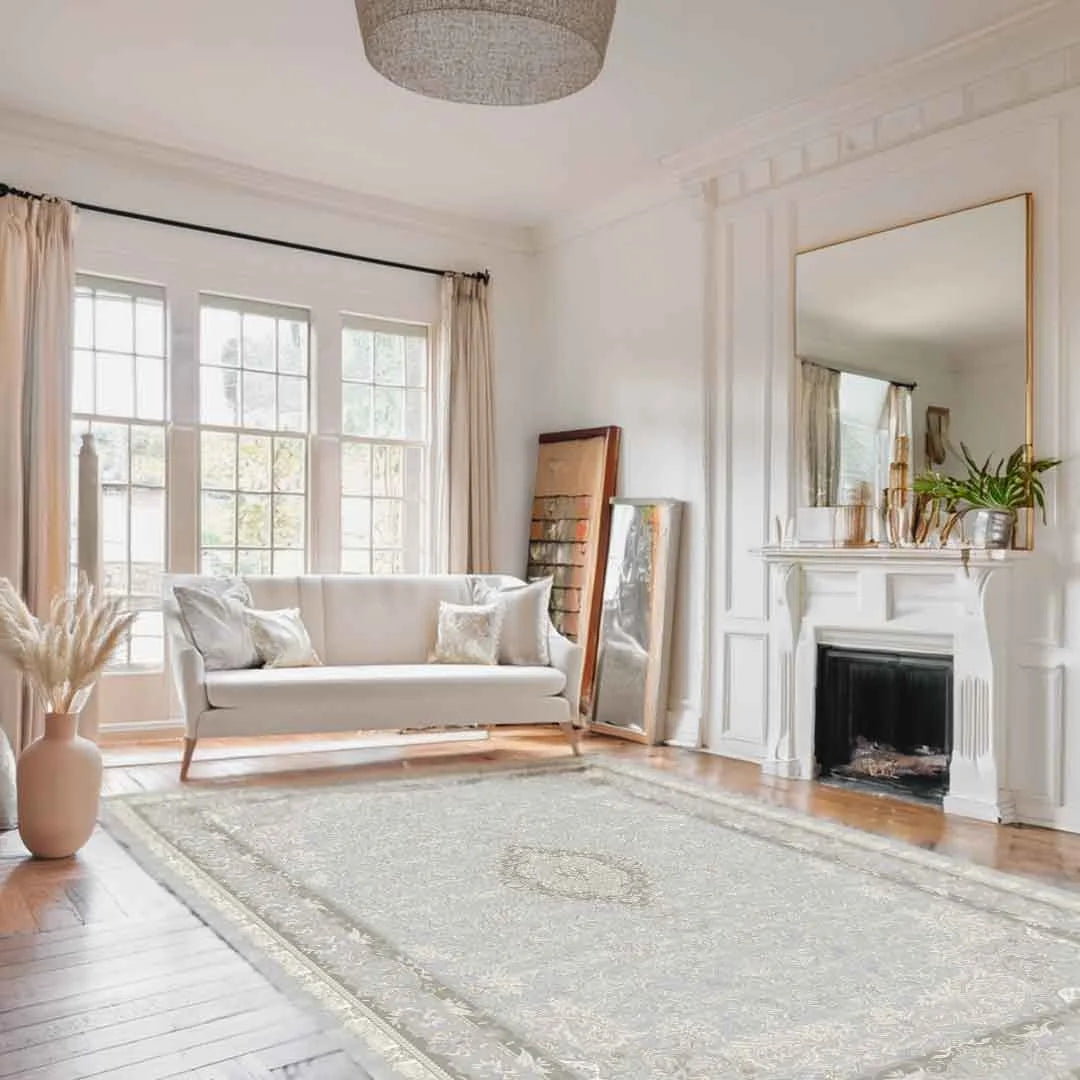 Sapphire Whisper Frame Light Grey Beige Persian Rug