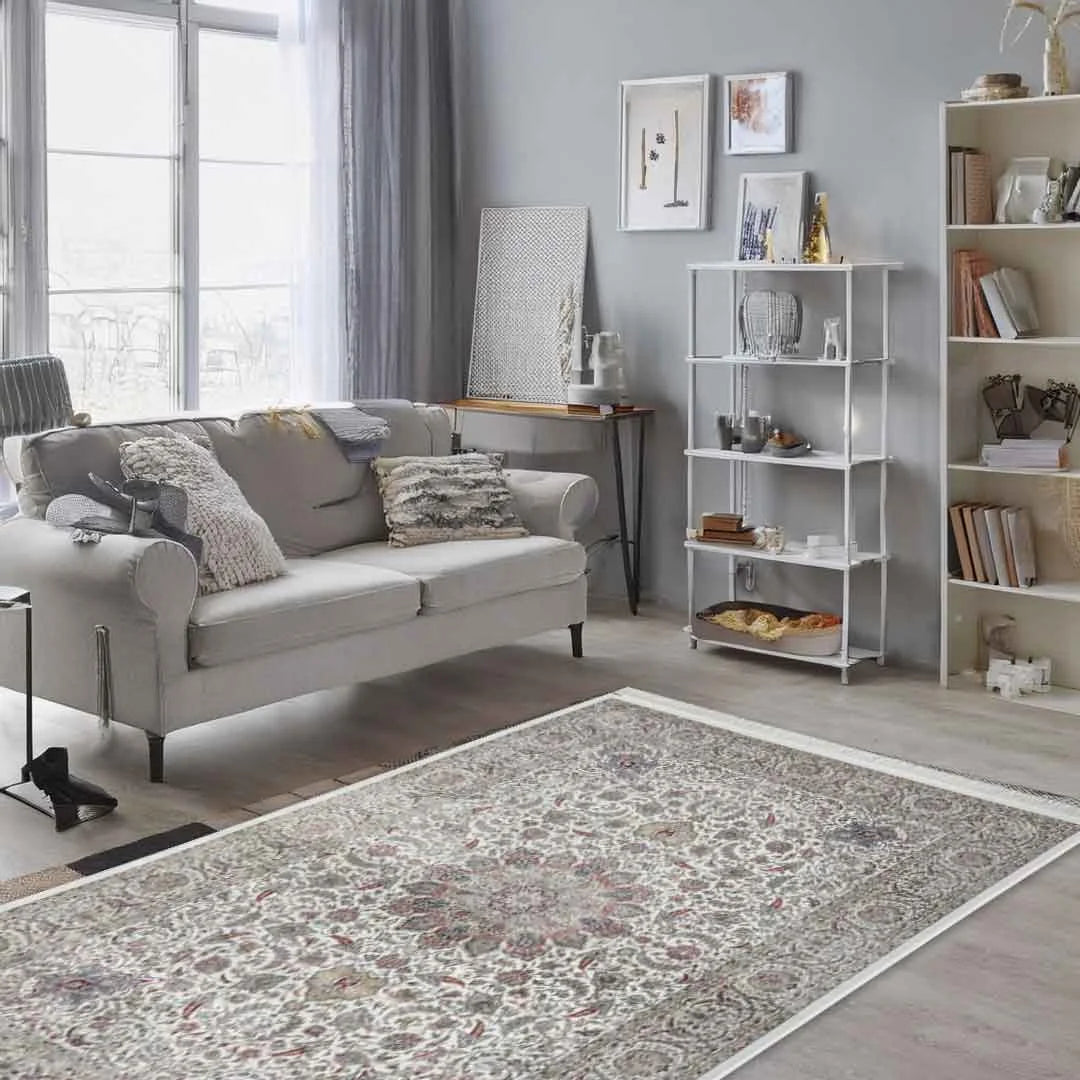 Minyatur Ornate Floral Centerpiece Ivory Rug