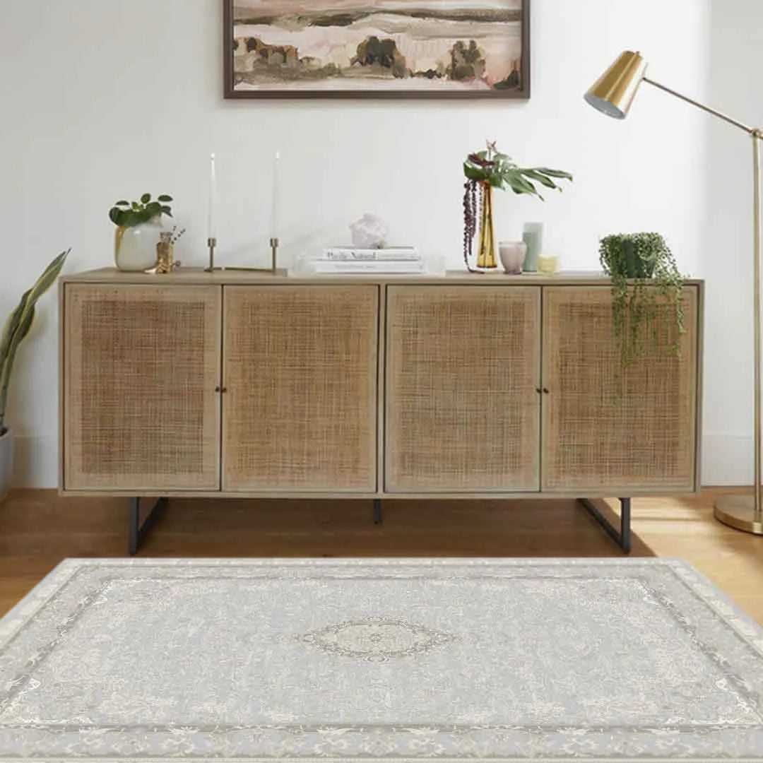 Sapphire Whisper Frame Light Grey Beige Persian Rug