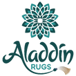 Aladdin Rugs logo with a decorative flower design on a white background