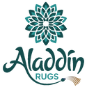 Aladdin Rugs logo with a decorative flower design on a white background
