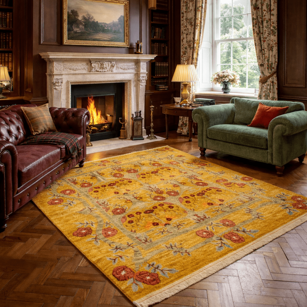 Antique Gold Floral Hand-Knotted Rug 244 × 305 cm