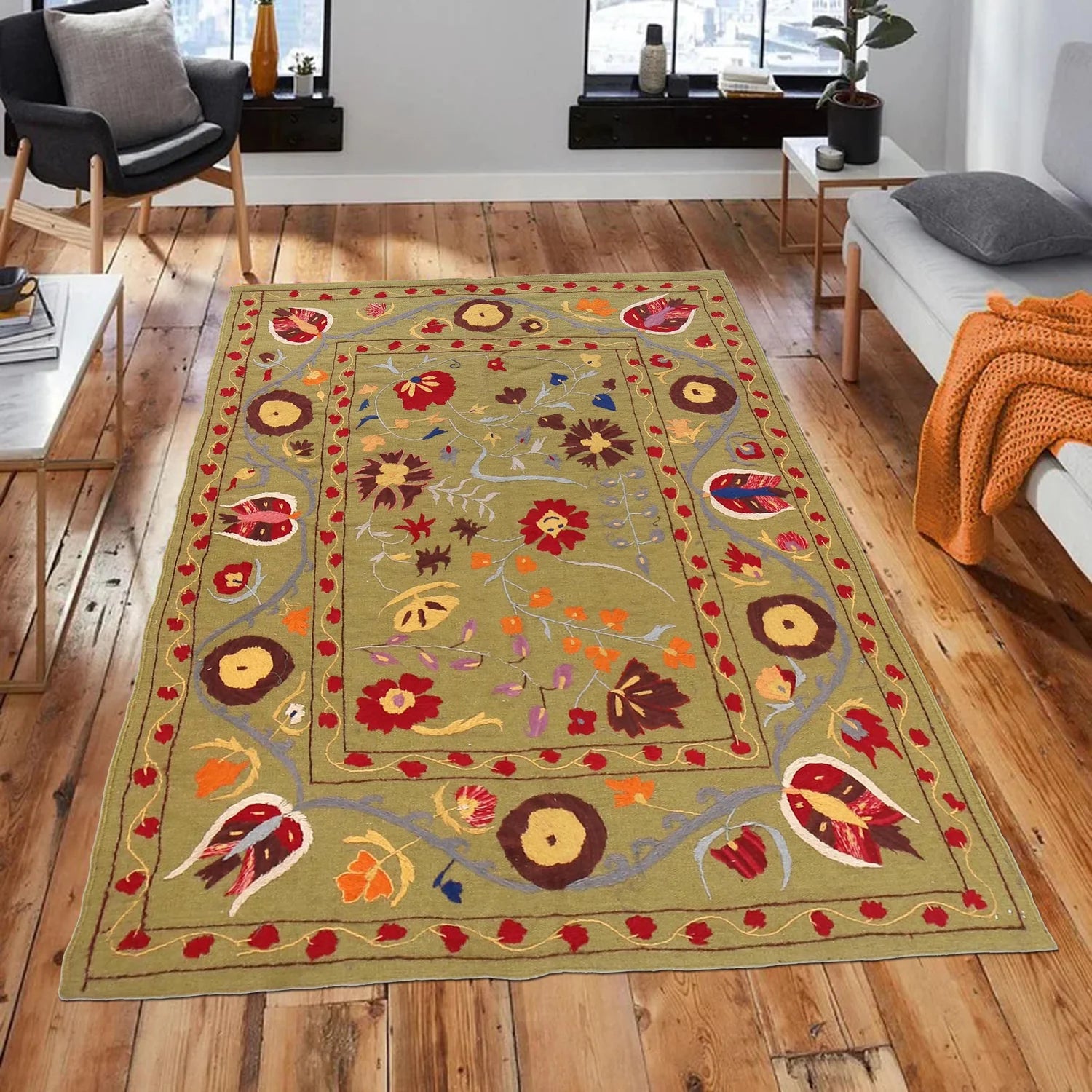 Handmade Green Embroidered Flatweave Kilim Rug 150 × 203 cm – No. B32081