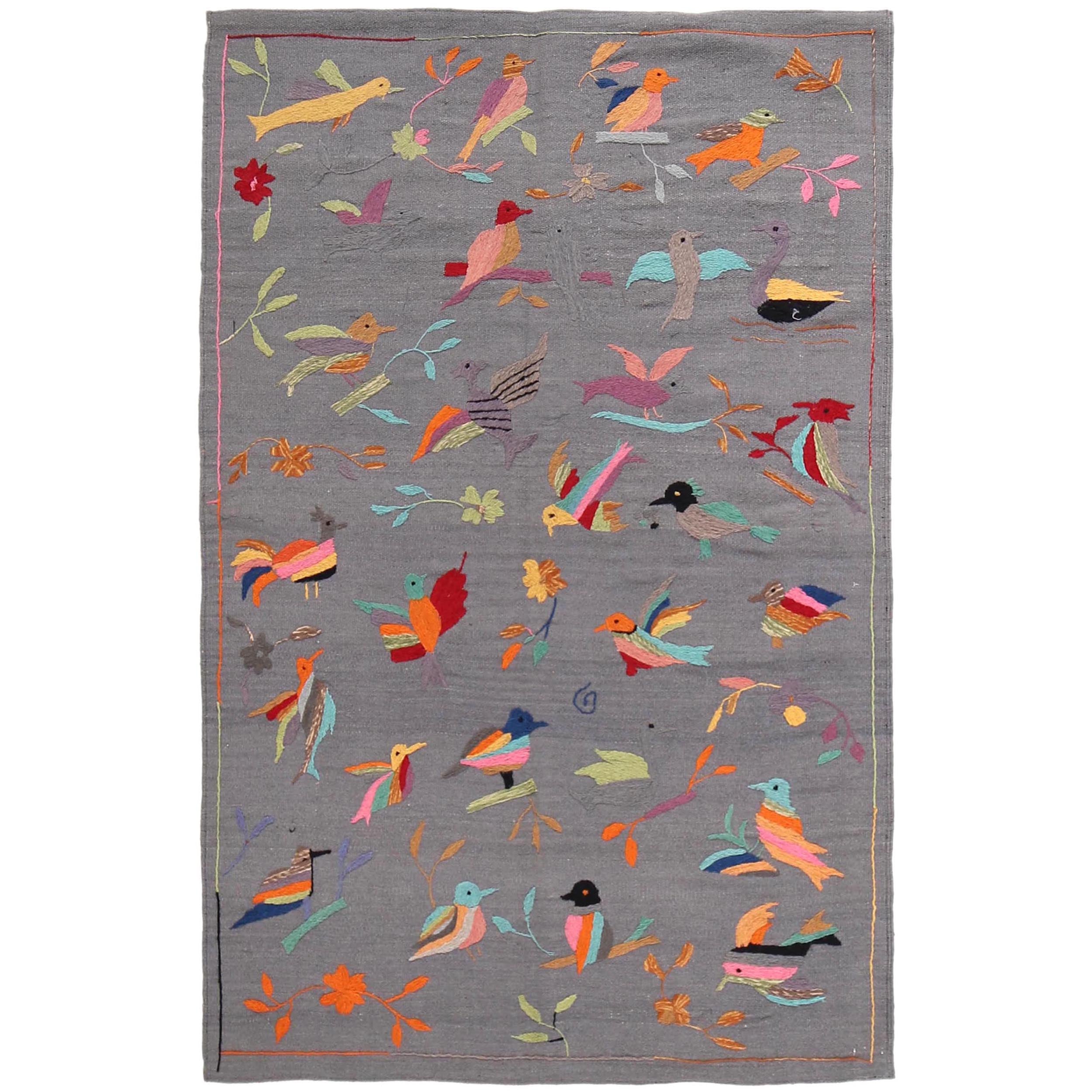 Grey Color Embroidery Flatweave Kilim 3' 11" x 6' 5" (ft) - No. B32082