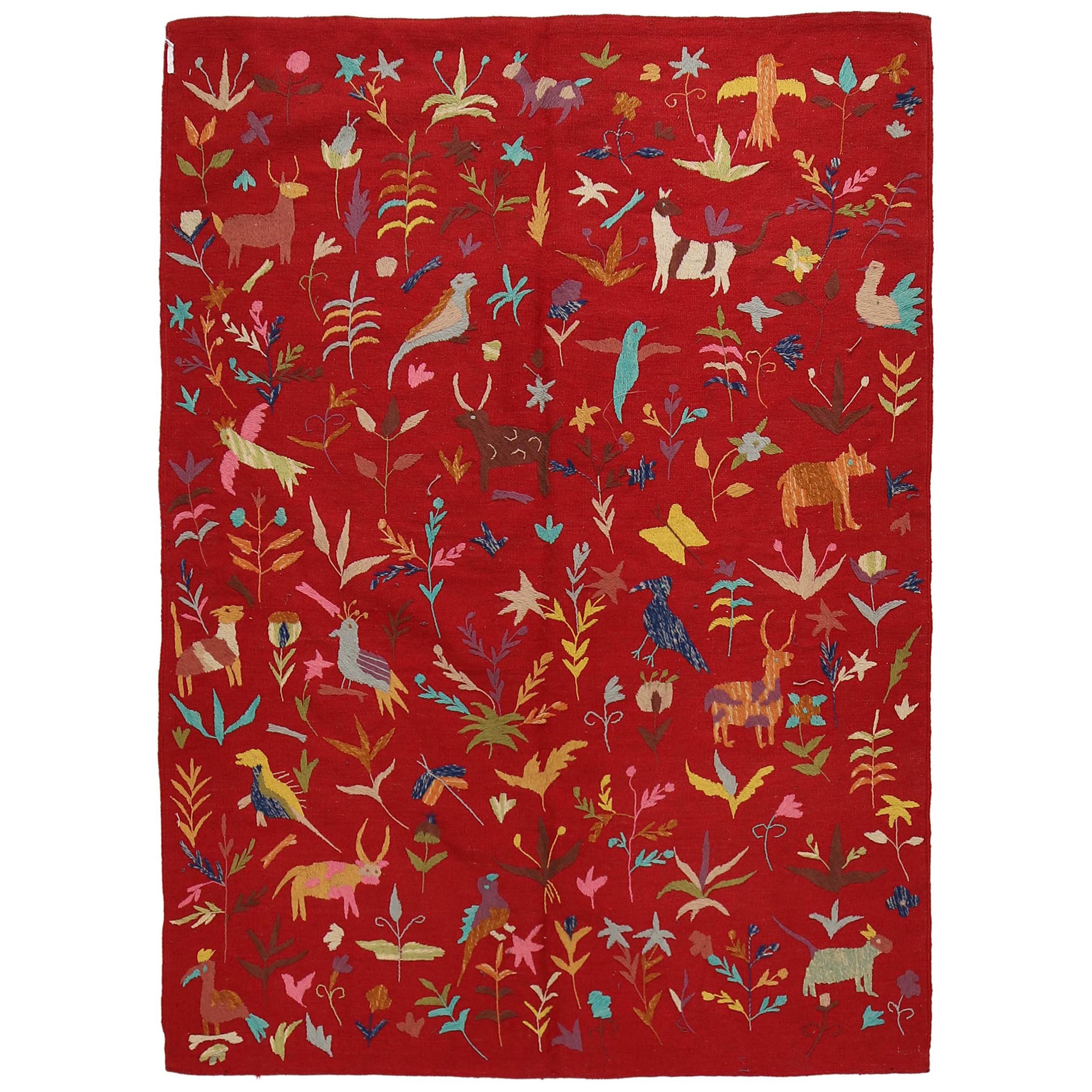 Red Color Embroidery Flatweave Kilim 5' 0" x 6' 11" (ft) - No. B34455