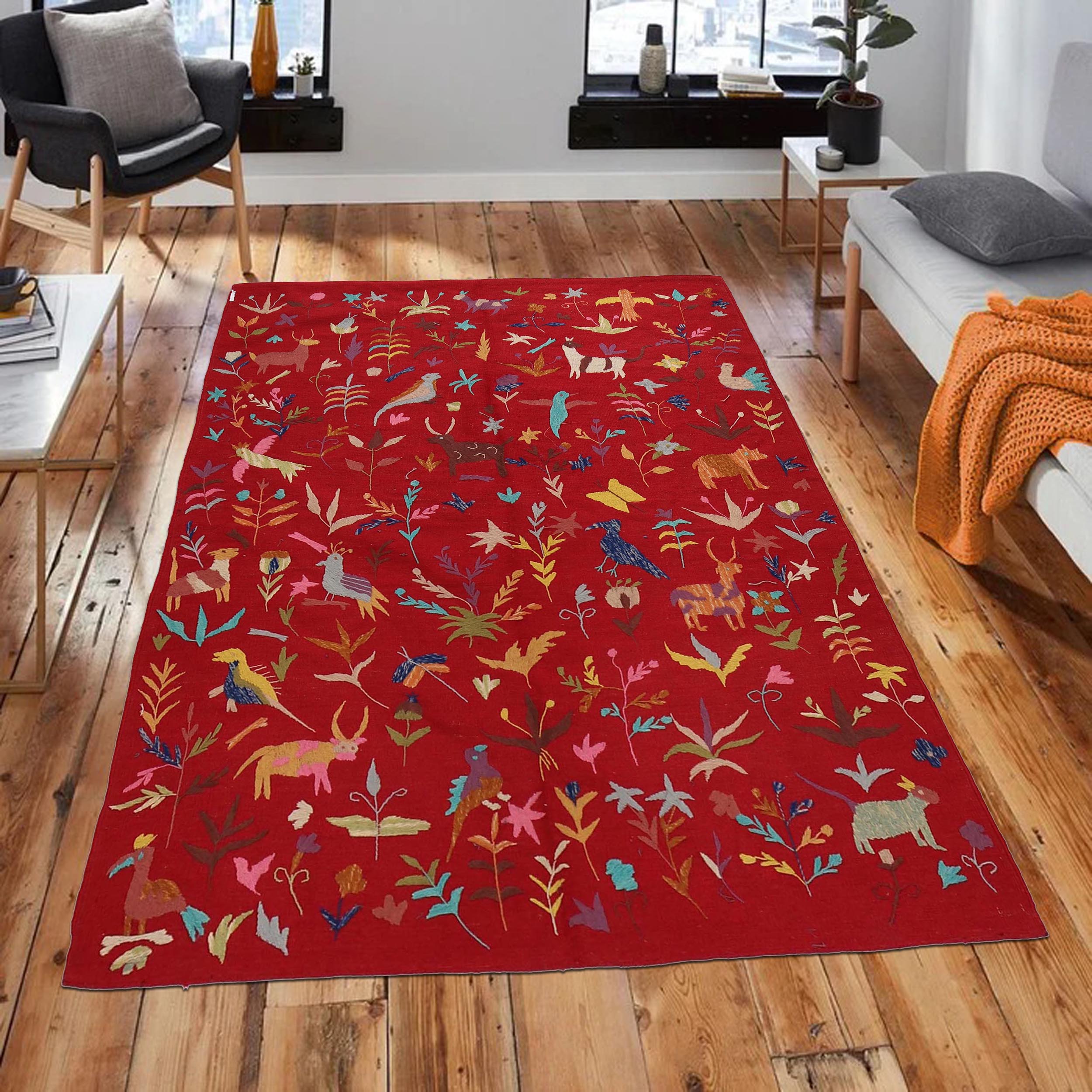 Red Color Embroidery Flatweave Kilim 5' 0" x 6' 11" (ft) - No. B34455
