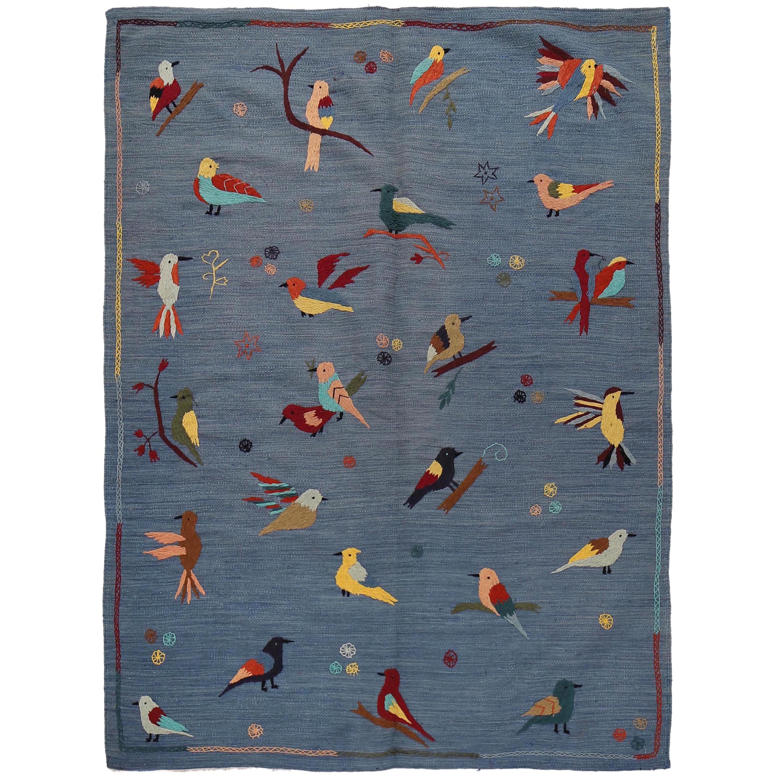 Blue Color Embroidery Flatweave Kilim 4' 11" x 6' 10" (ft) - No. B34459