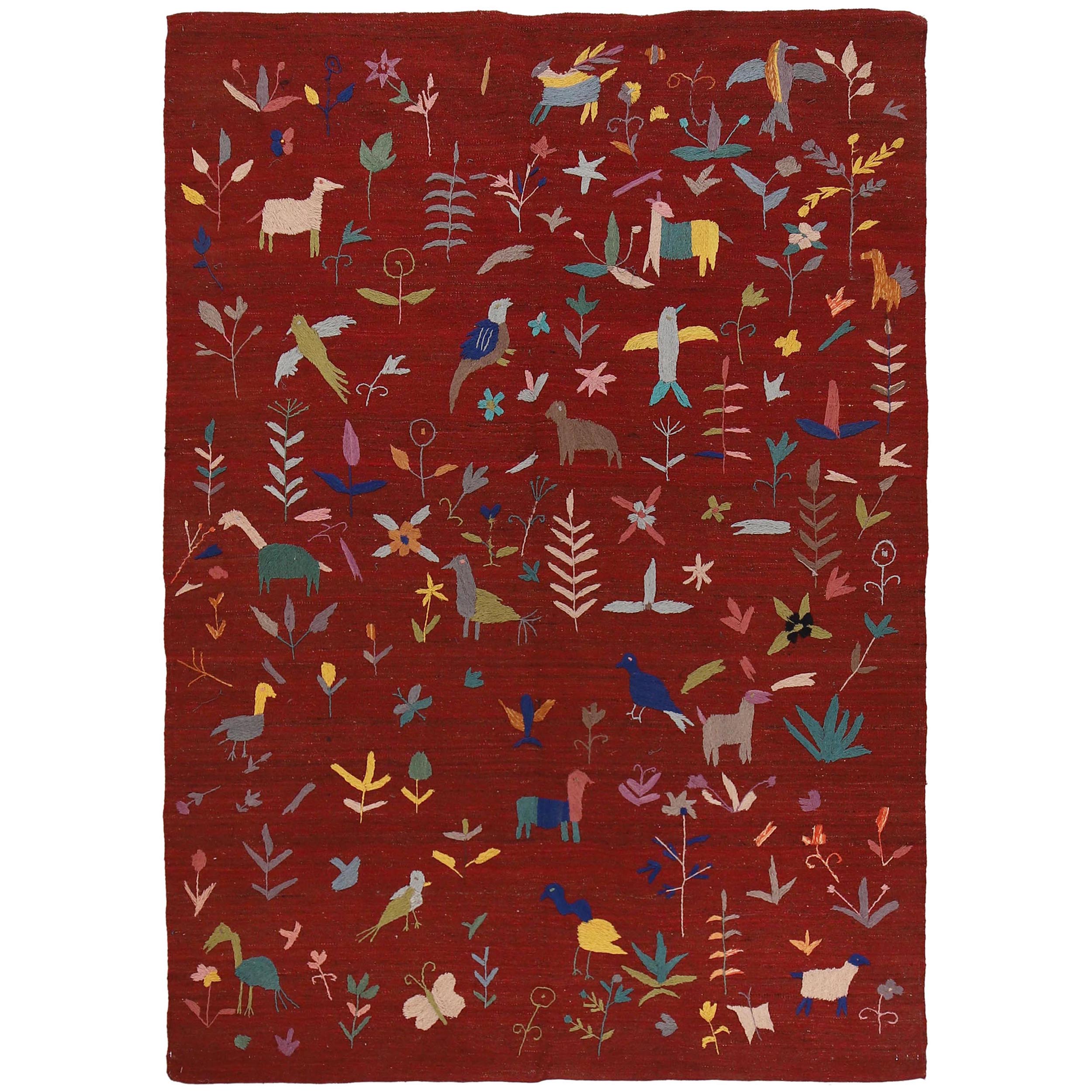 Red Color Embroidery Flatweave Kelim 5' 6" x 7' 9" (ft) - No. B34460