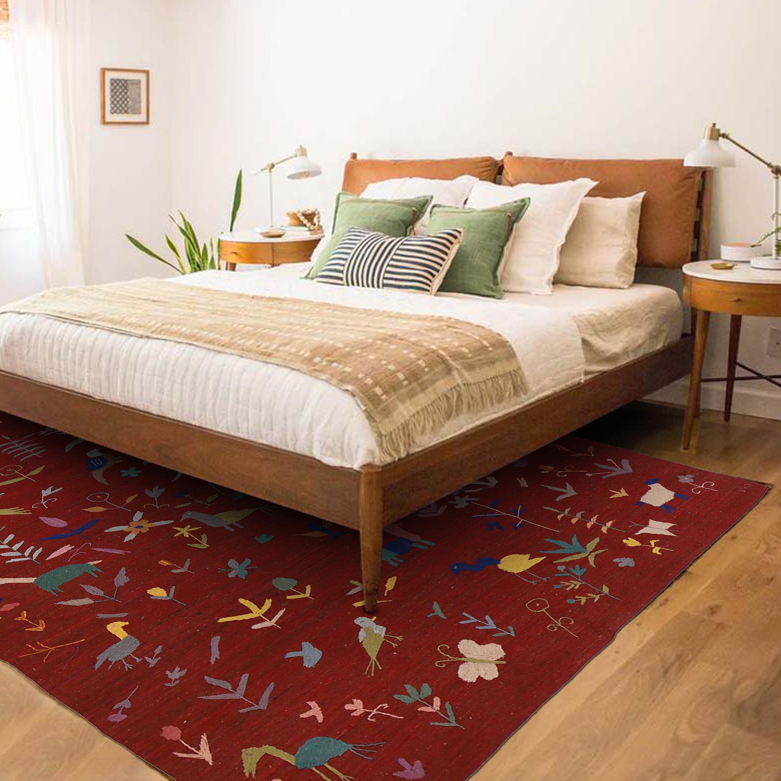 Red Color Embroidery Flatweave Kelim 5' 6" x 7' 9" (ft) - No. B34460