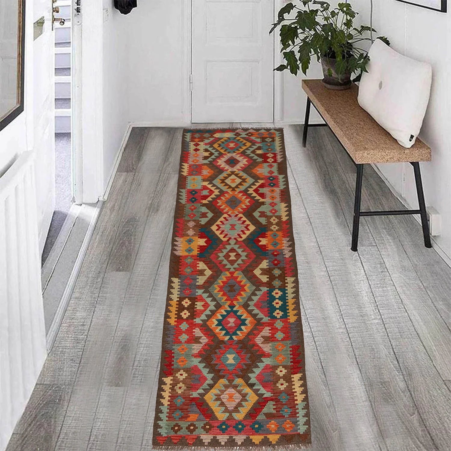Handmade Natural Wool Kilim Runner Rug 84 × 295 cm – No. B34726