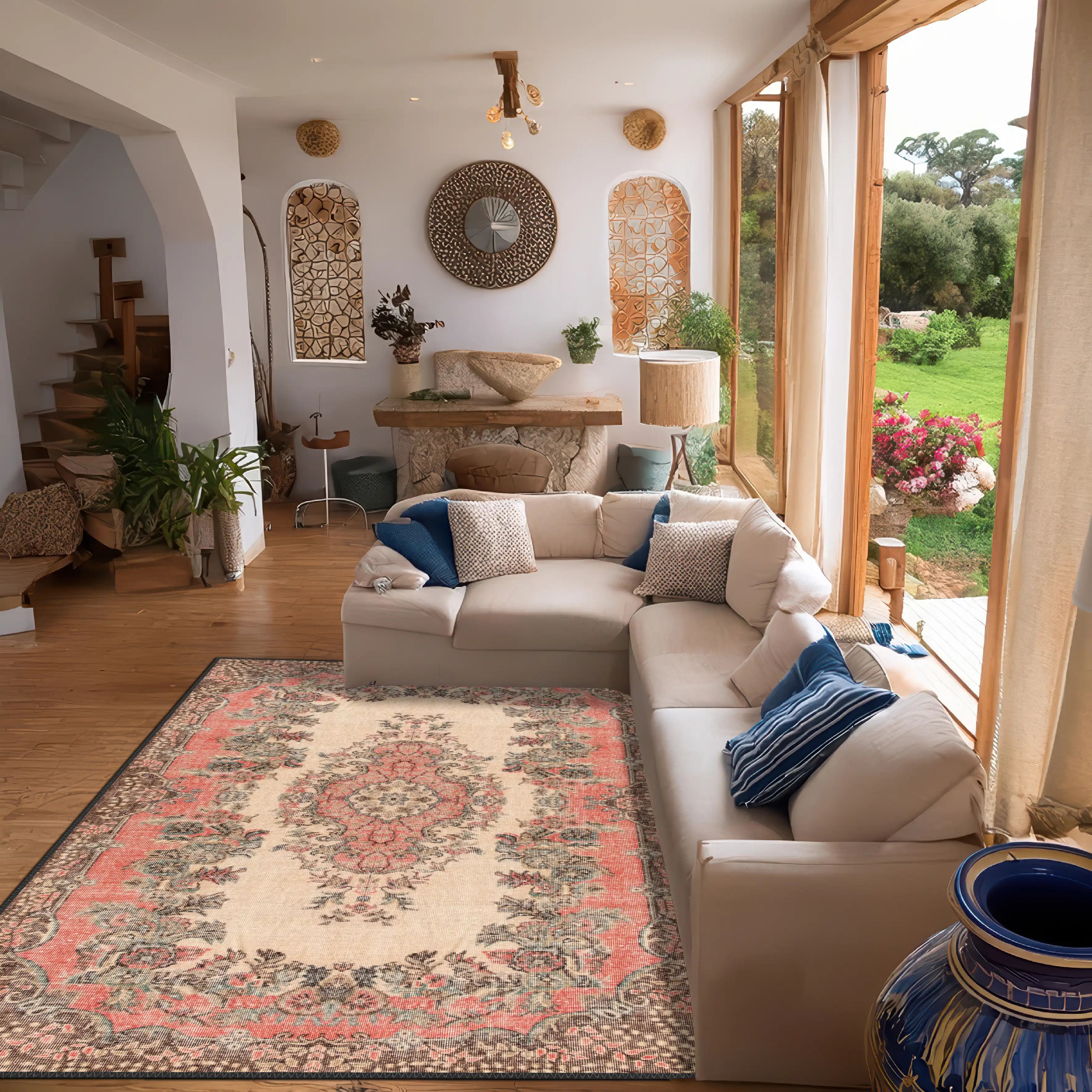 Beige - Pink Medallion Rug - Aladdinrugs