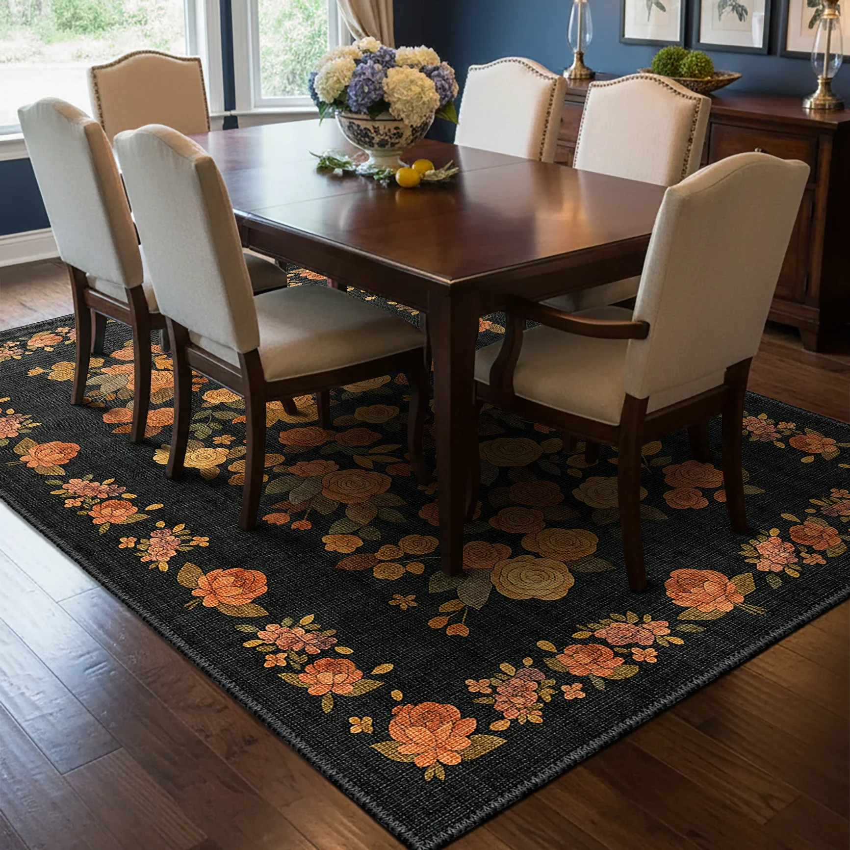 Black Floral Area Rug - KL 359