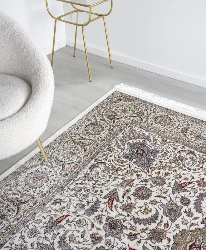 Minyatur Ornate Floral Centerpiece Ivory Rug