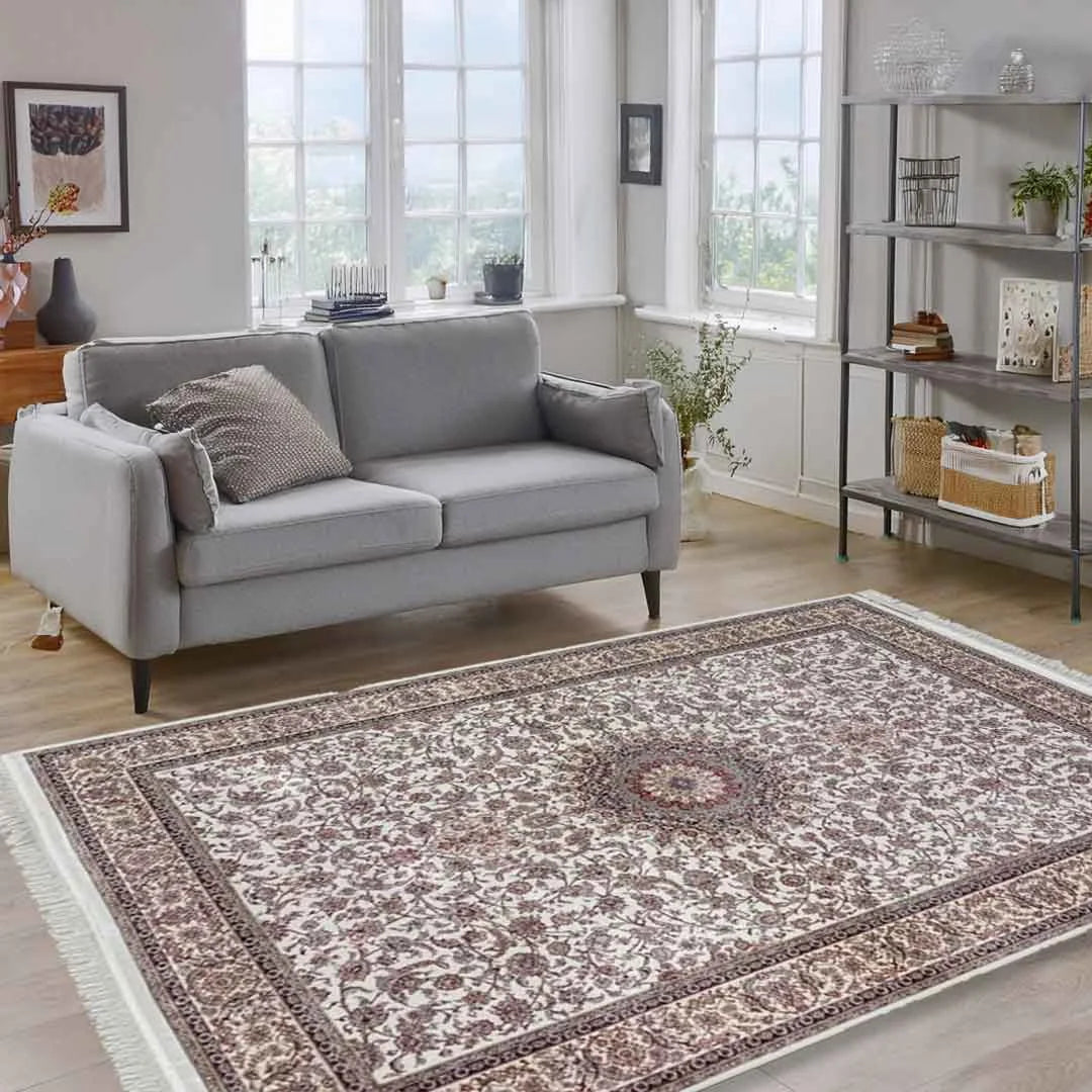 Minyatur Persian Rosette Cream Rug – Silky Luxury Carpet – Aladdinrugs