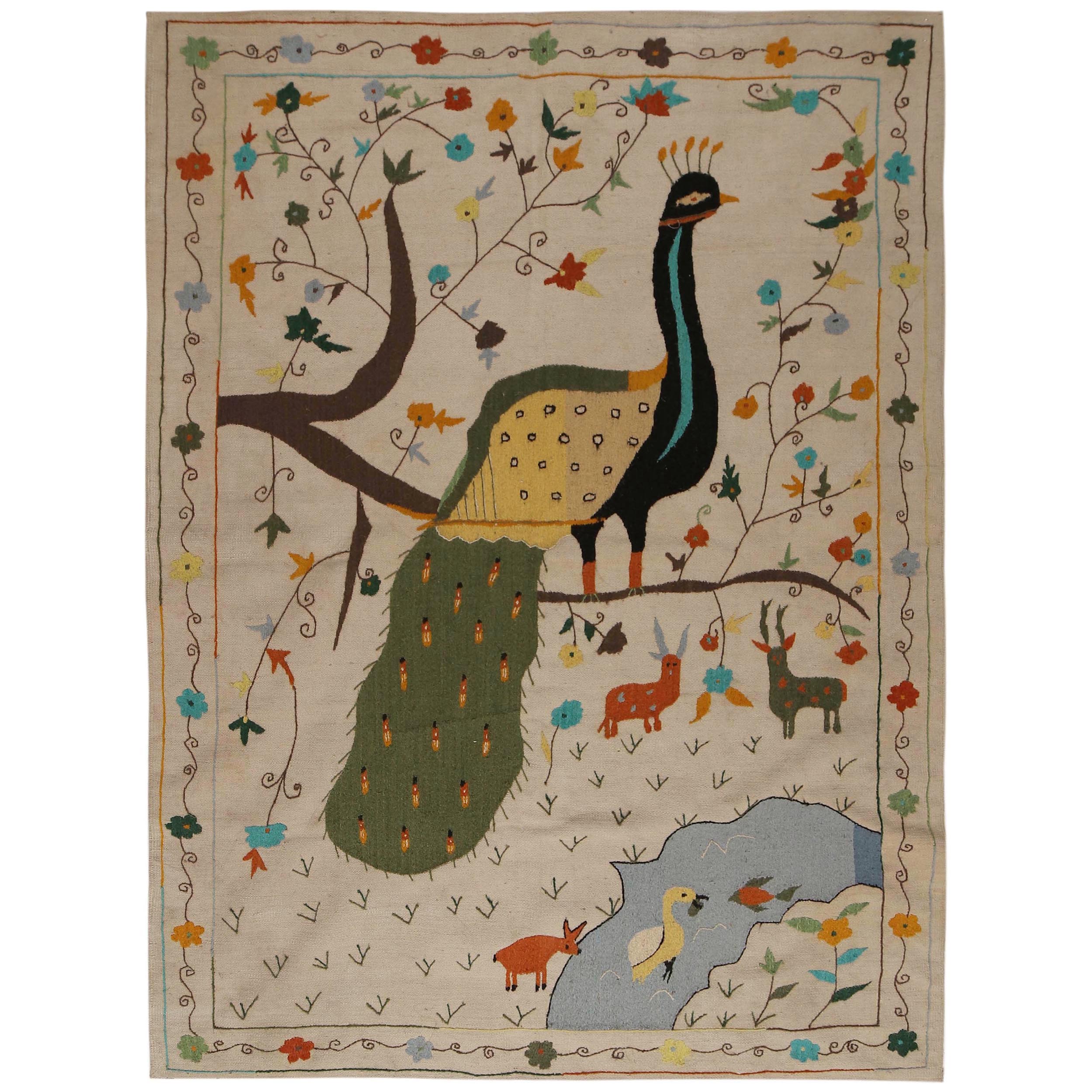 Ivory Color Embroidery Flatweave Kelim 5' 5" x 7' 9" (ft) - No. P34392