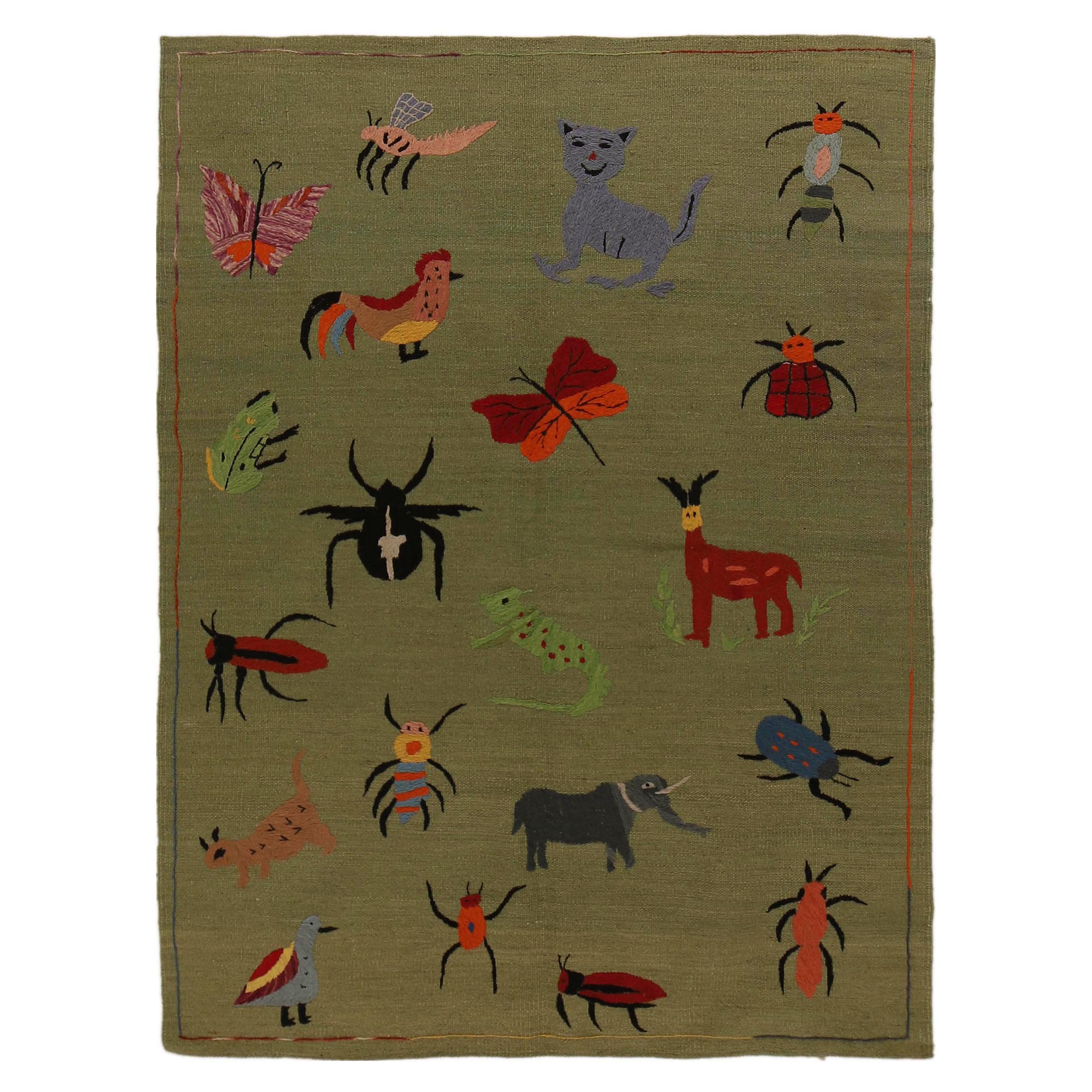 Green Color Embroidery Flatweave Kilim 4' 0" x 5' 10" (ft) - No. P34393