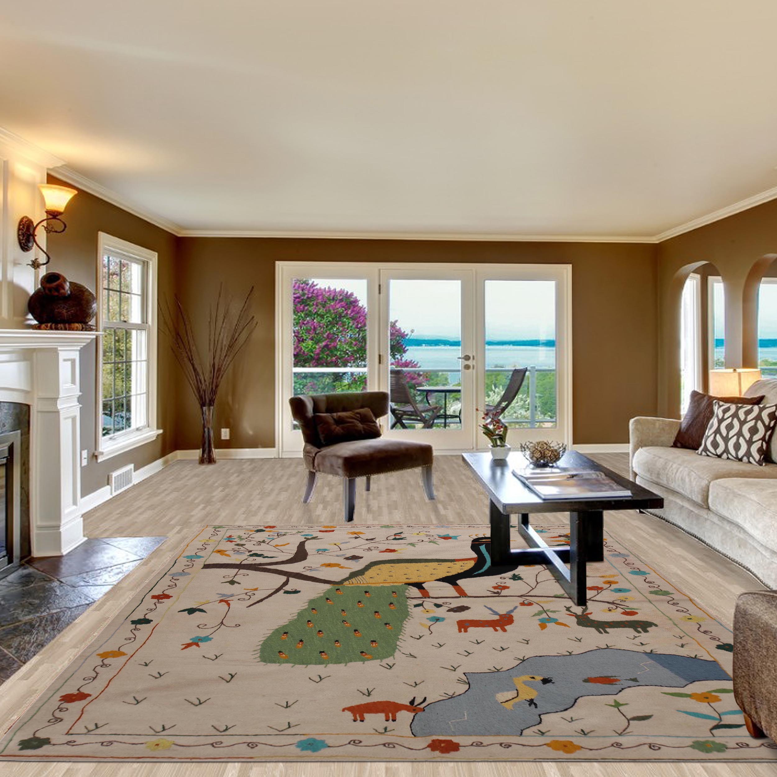 Ivory Color Embroidery Flatweave Kilim 5' 5" x 7' 8" (ft) - No. P34395