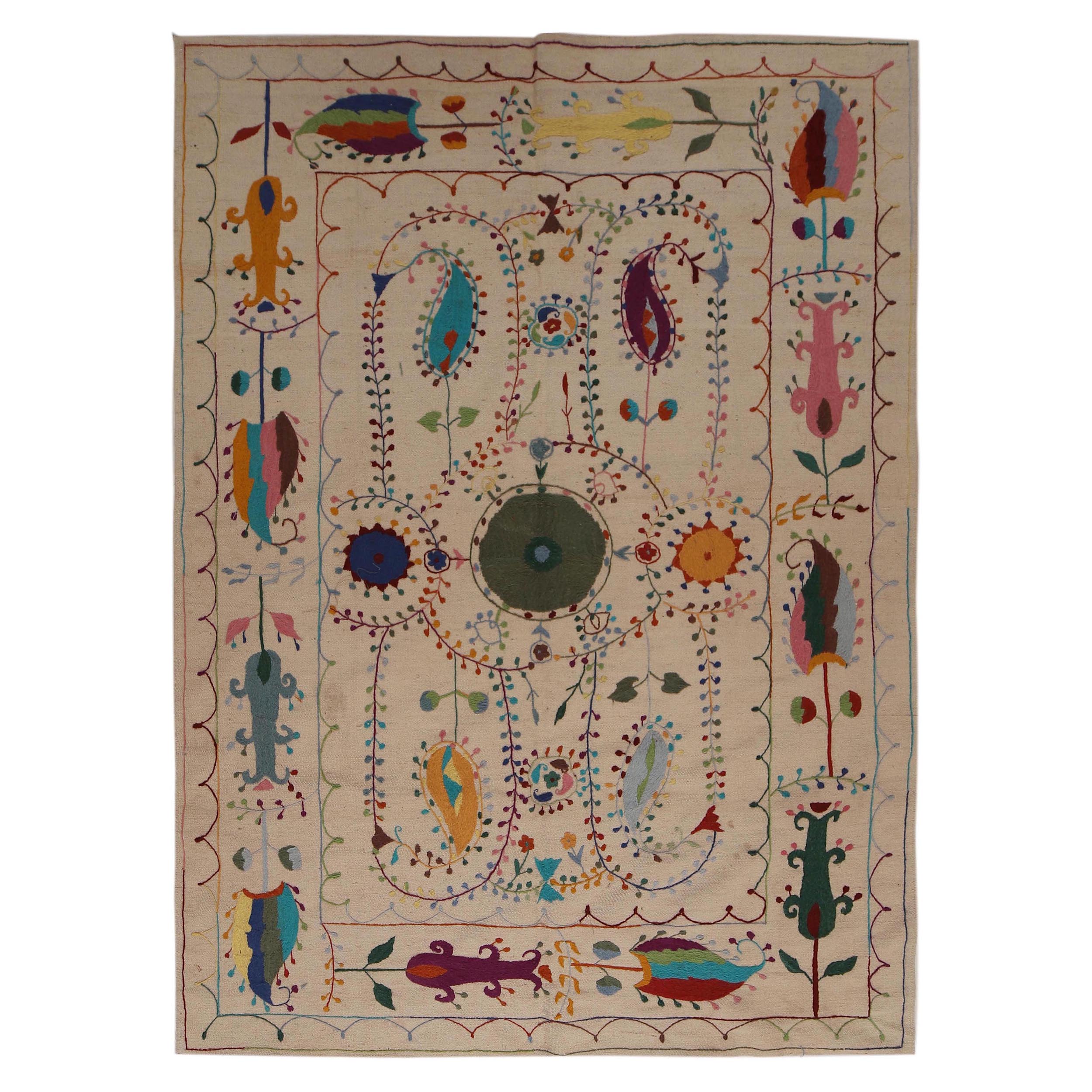 Ivory Color Embroidery Flatweave Kelim 5' 5" x 7' 10" (ft) - No. P34396