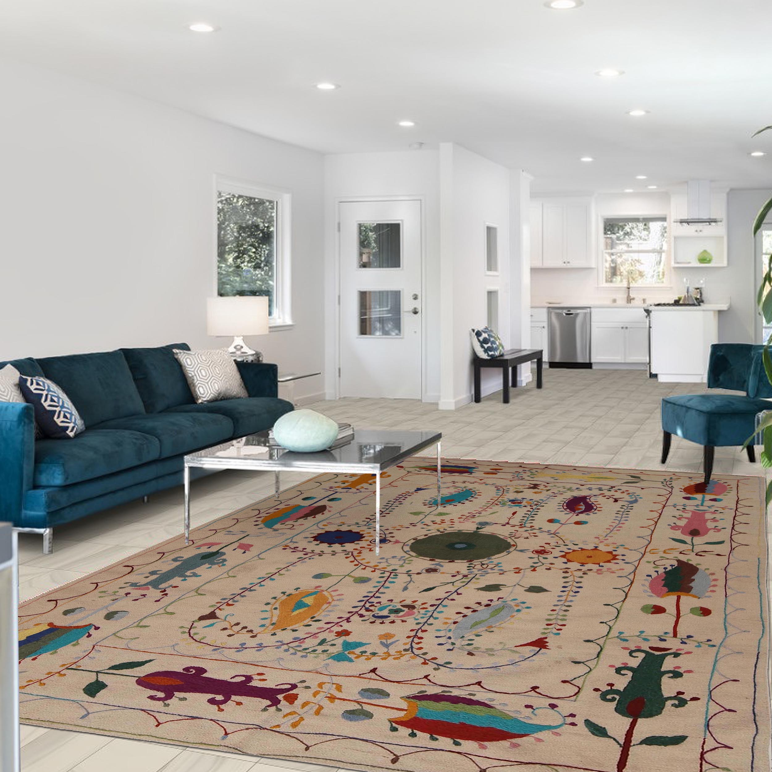 Ivory Color Embroidery Flatweave Kelim 5' 5" x 7' 10" (ft) - No. P34396