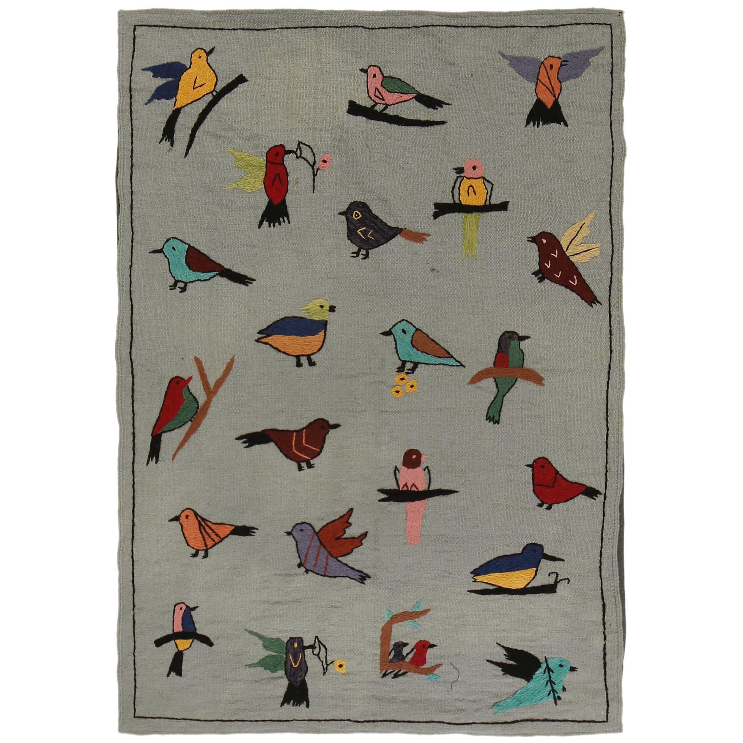 Grey Color Embroidery Flatweave Kilim 3' 11" x 5' 9" (ft) - No. P35166