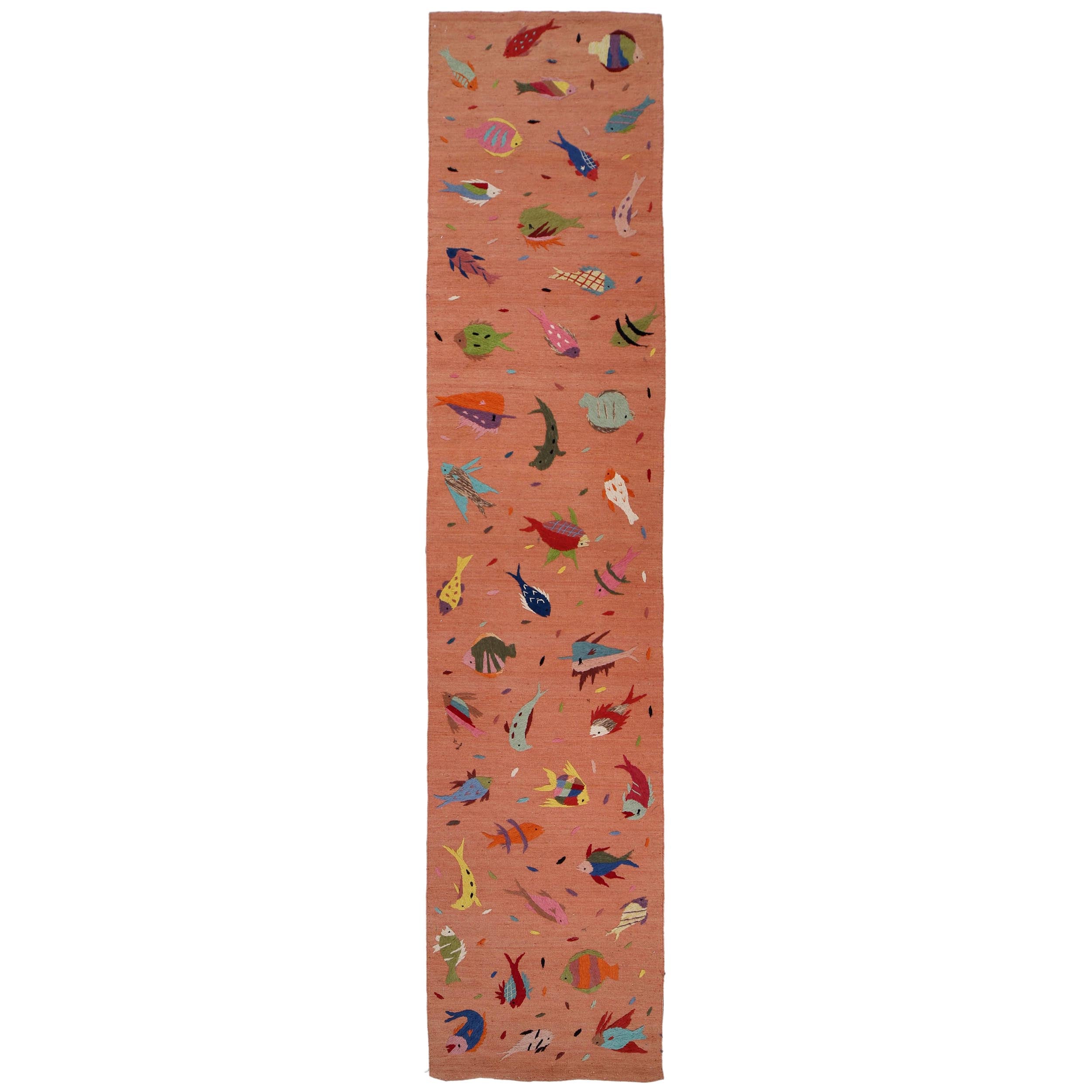 Terracotta Color Embroidery Flatweave Kilim 2' 8" x 12' 10" (ft)- No. B32076