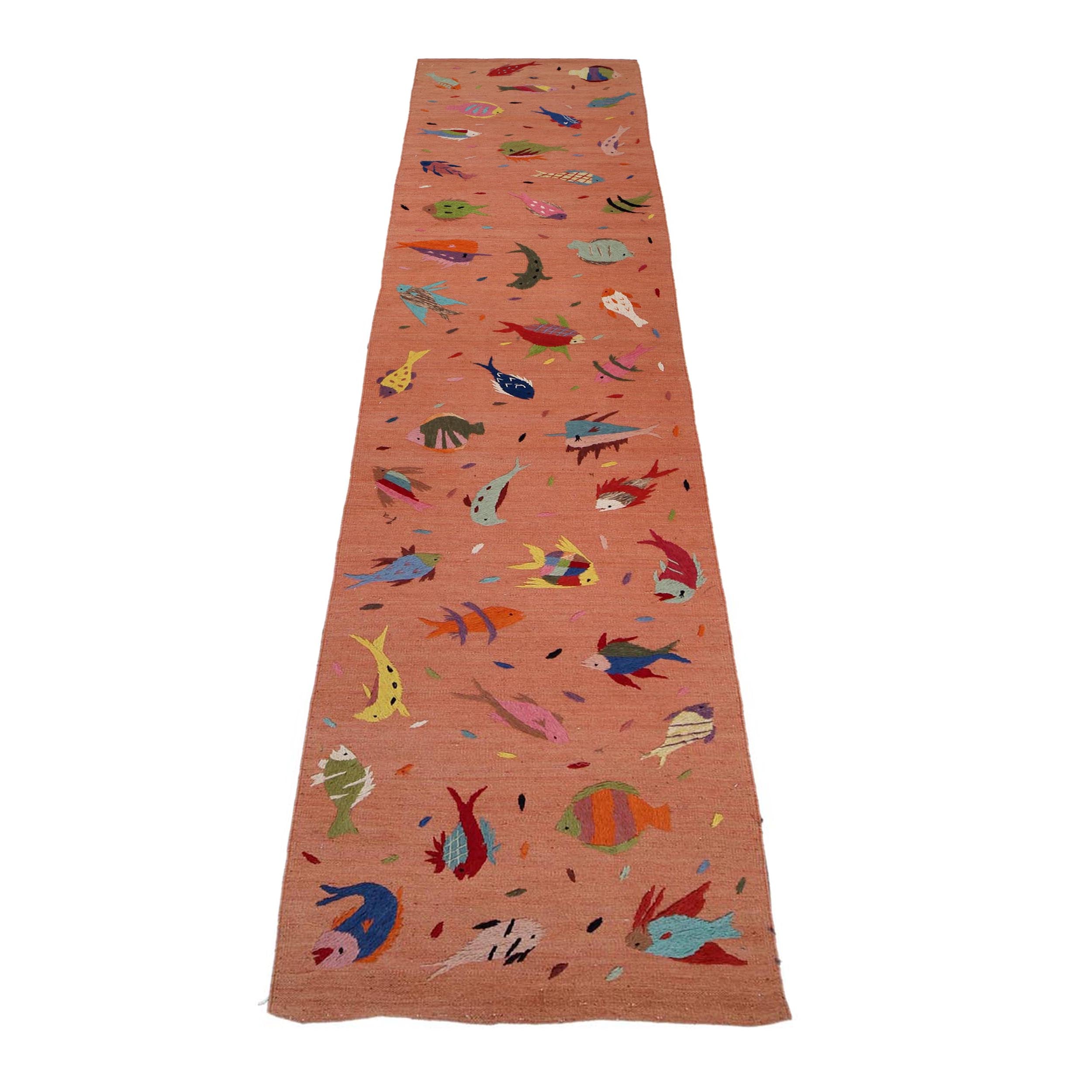 Terracotta Color Embroidery Flatweave Kilim 2' 8" x 12' 10" (ft)- No. B32076