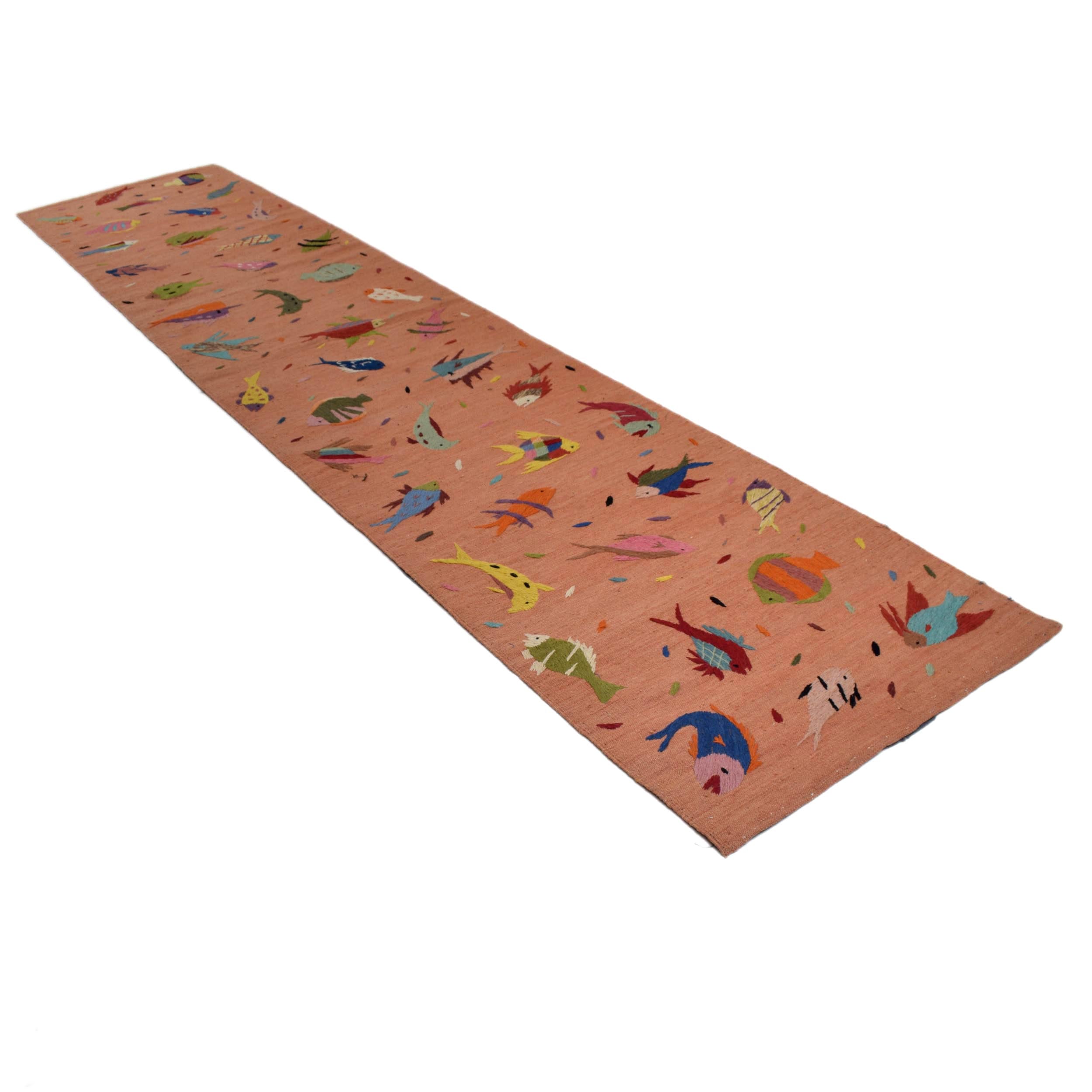 Terracotta Color Embroidery Flatweave Kilim 2' 8" x 12' 10" (ft)- No. B32076