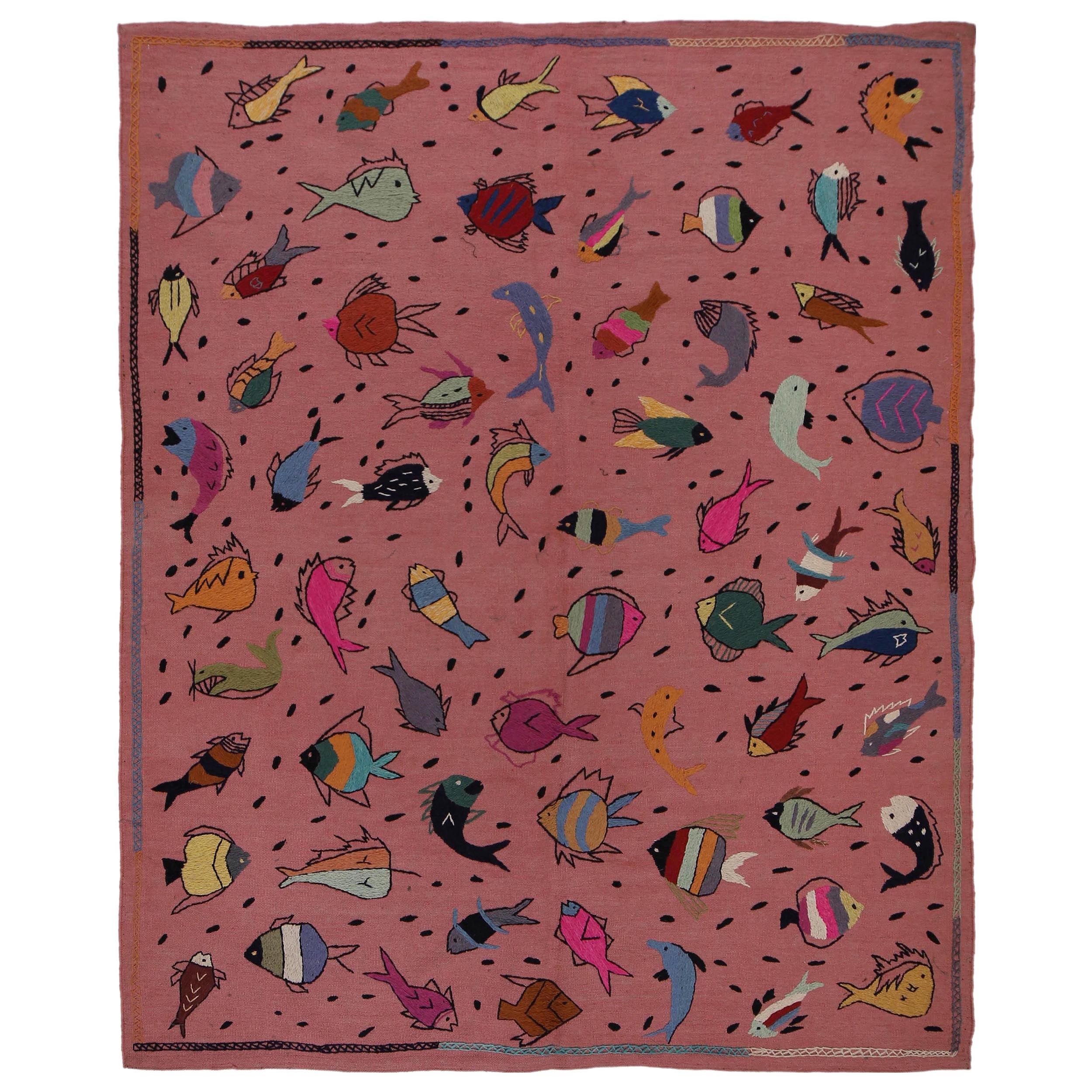 Pink Color Embroidery Flatweave Kilim 6' 2" x 7' 11" (ft) - No. B32077