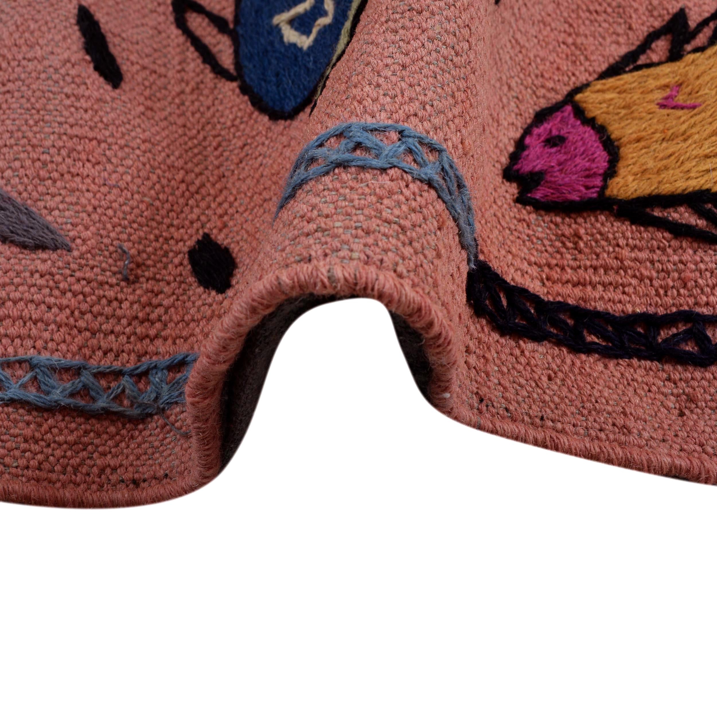 Pink Color Embroidery Flatweave Kilim 6' 2" x 7' 11" (ft) - No. B32077