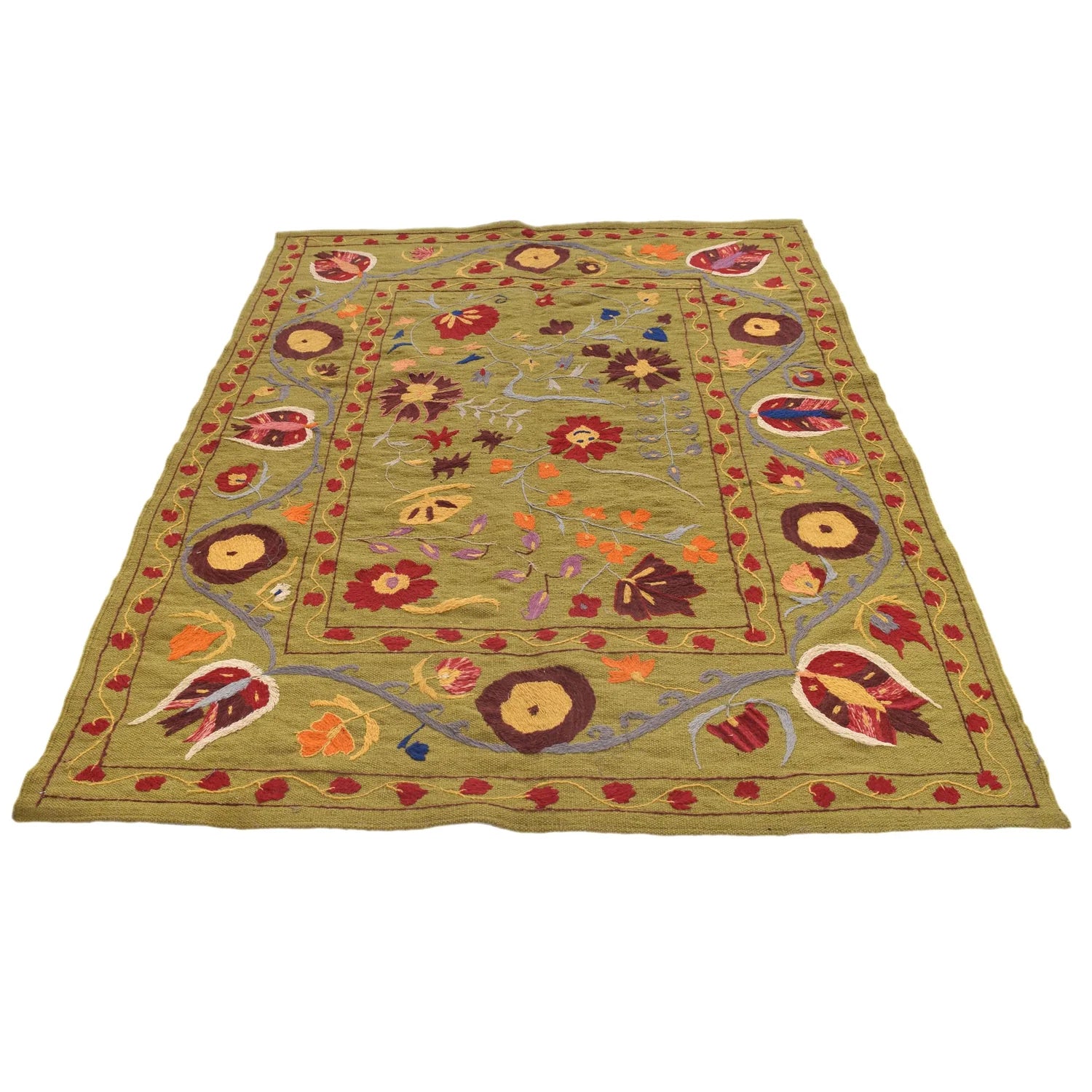 Handmade Green Embroidered Flatweave Kilim Rug 150 × 203 cm – No. B32081