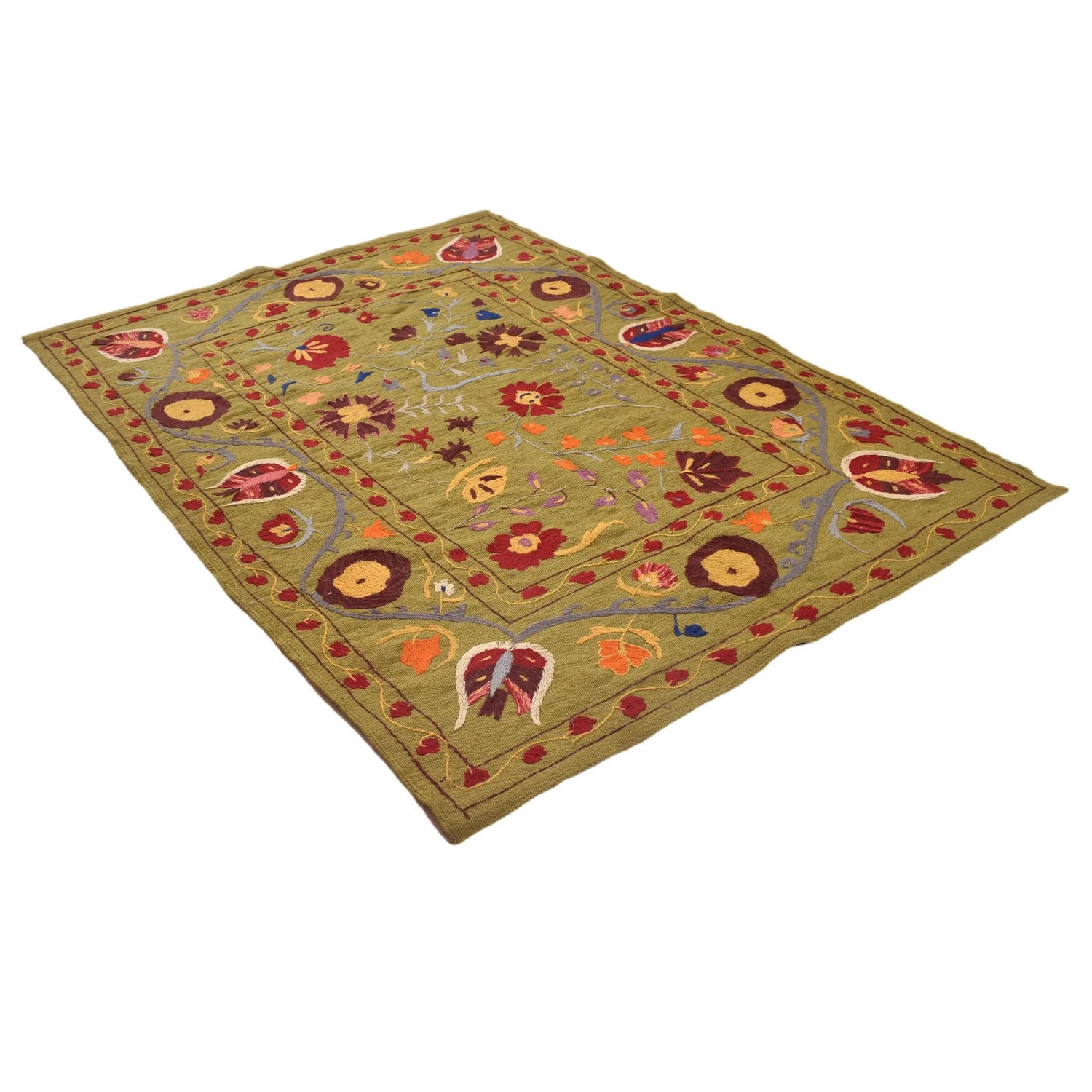 Handmade Green Embroidered Flatweave Kilim Rug 150 × 203 cm – No. B32081