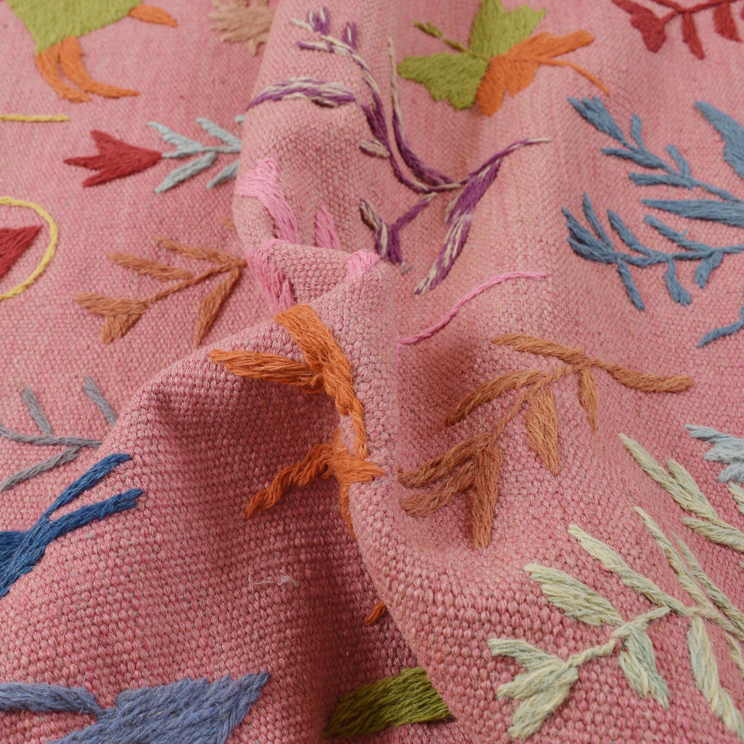 Pink Color Embroidery Flatweave Kilim 3' 9" x 5' 10" (ft) - No. B32085