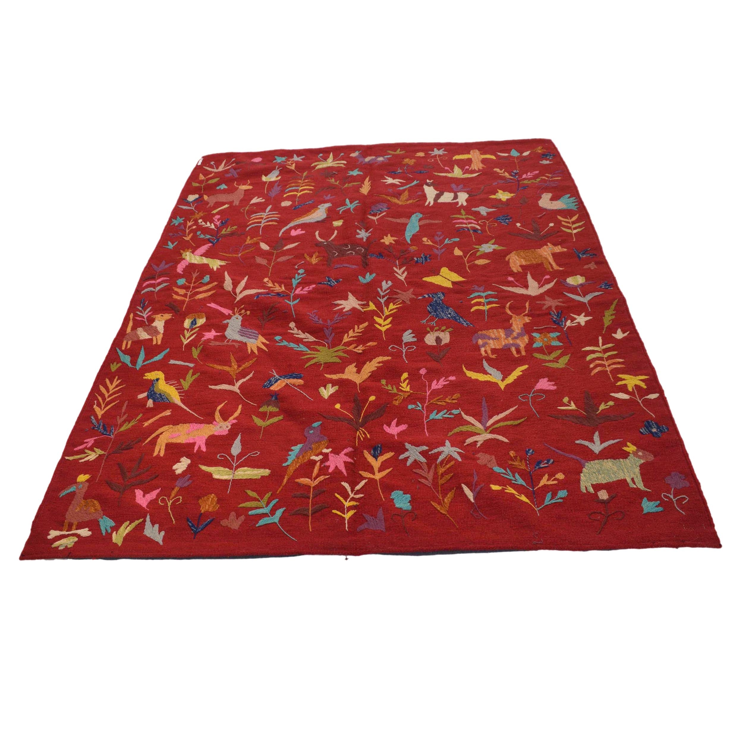 Red Color Embroidery Flatweave Kilim 5' 0" x 6' 11" (ft) - No. B34455