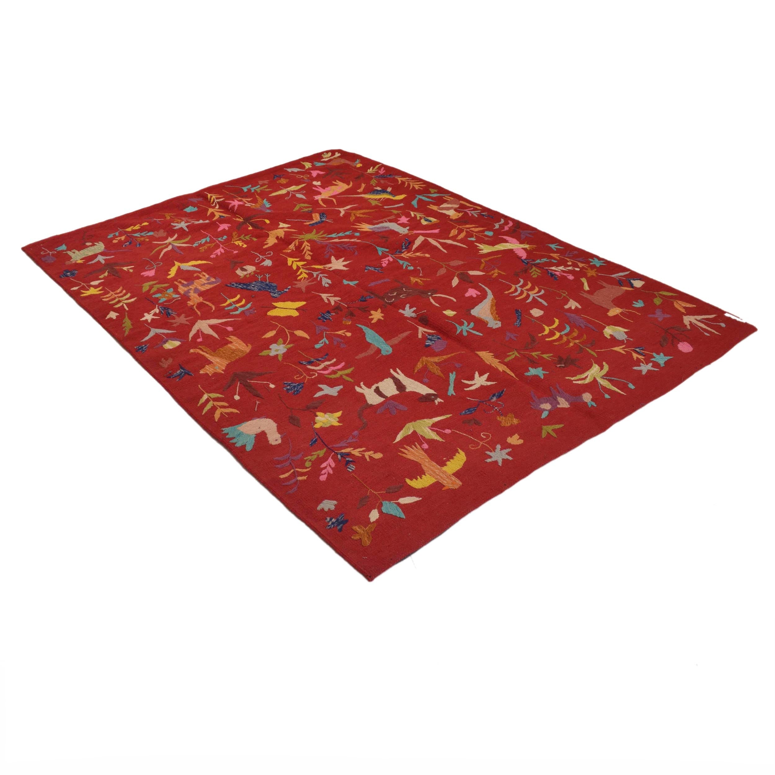 Red Color Embroidery Flatweave Kilim 5' 0" x 6' 11" (ft) - No. B34455