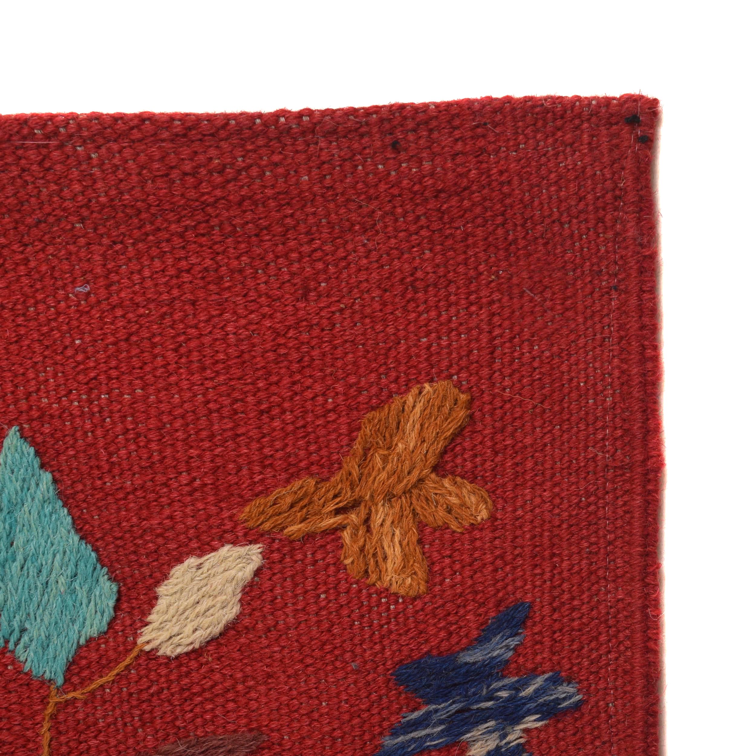 Red Color Embroidery Flatweave Kilim 5' 0" x 6' 11" (ft) - No. B34455