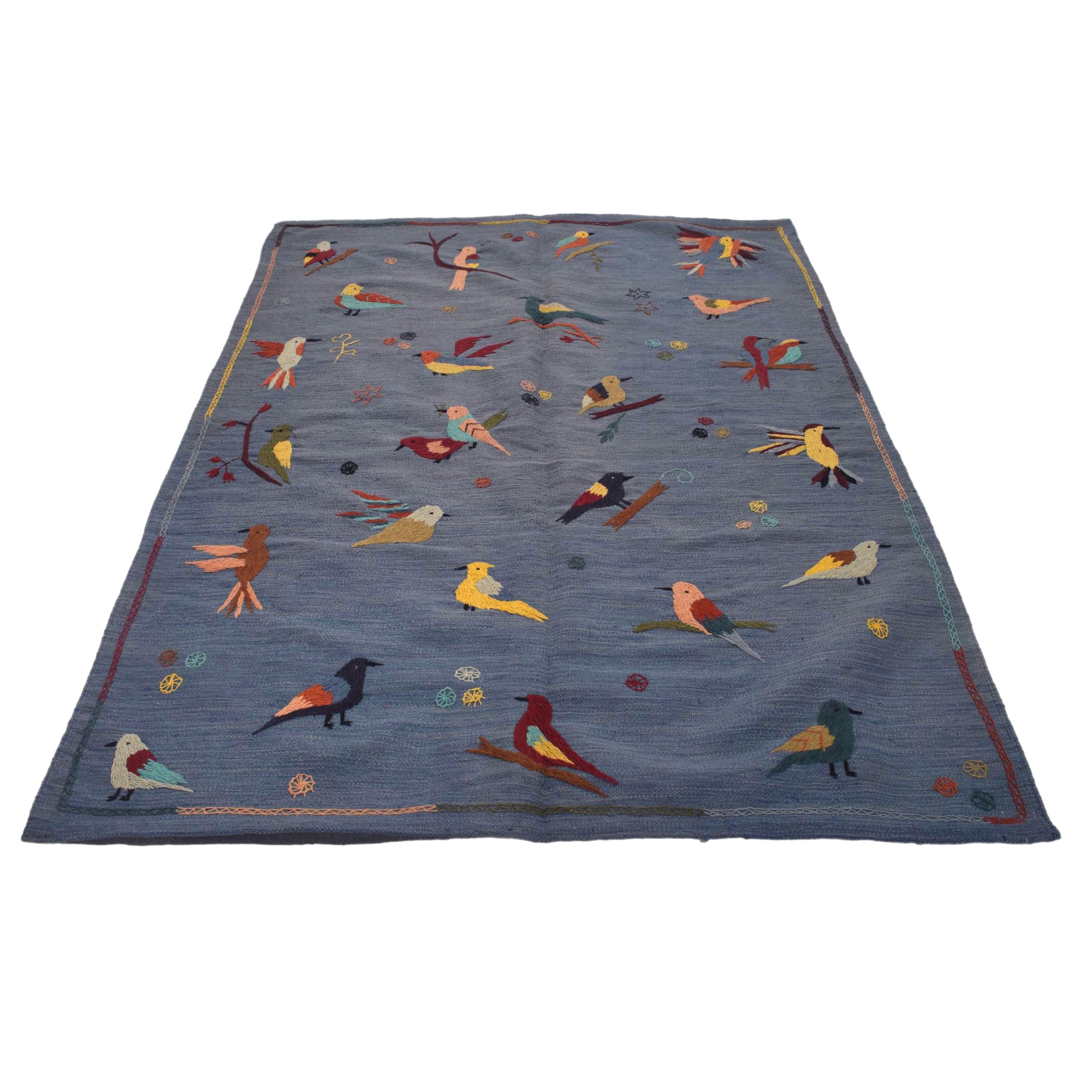 Blue Color Embroidery Flatweave Kilim 4' 11" x 6' 10" (ft) - No. B34459