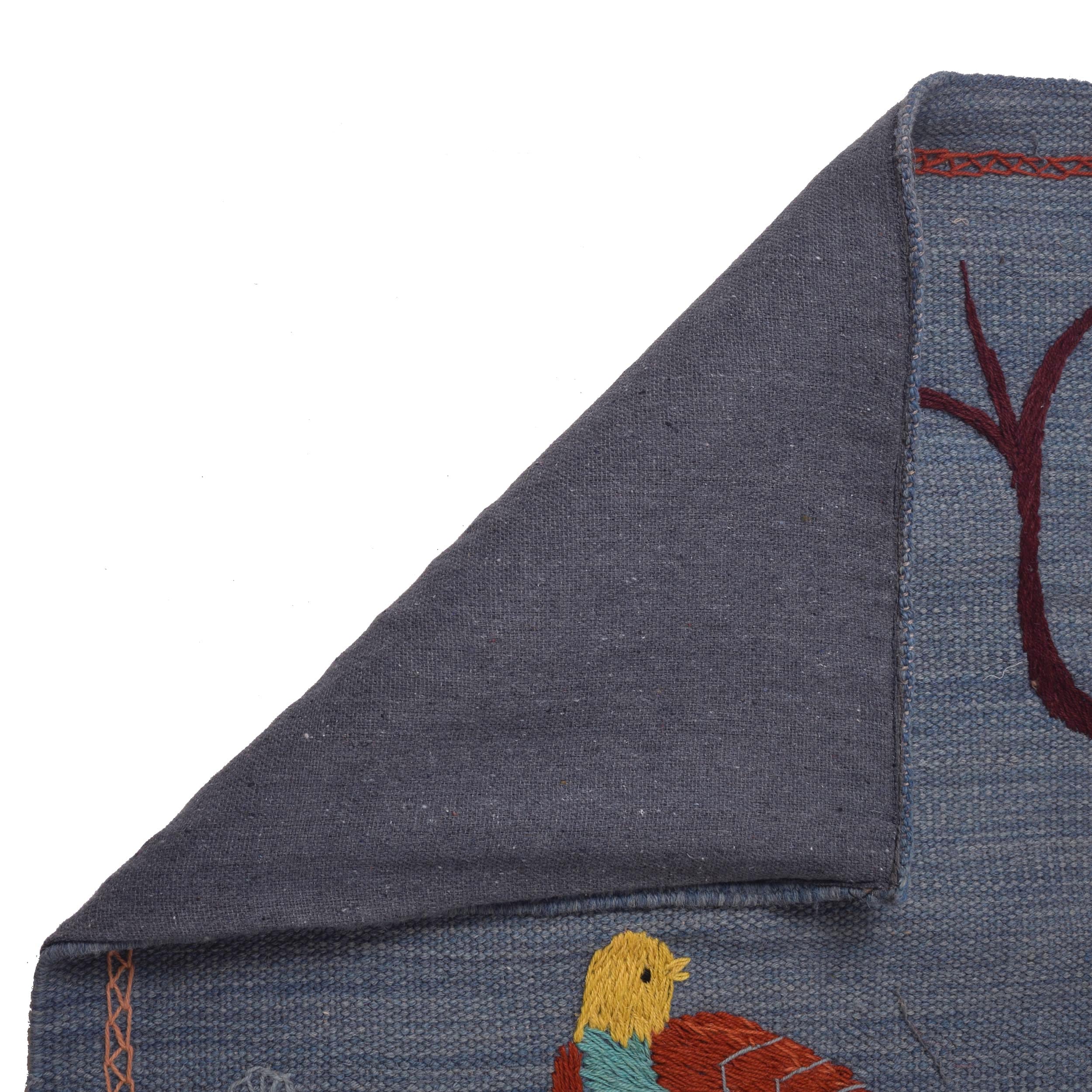 Blue Color Embroidery Flatweave Kilim 4' 11" x 6' 10" (ft) - No. B34459