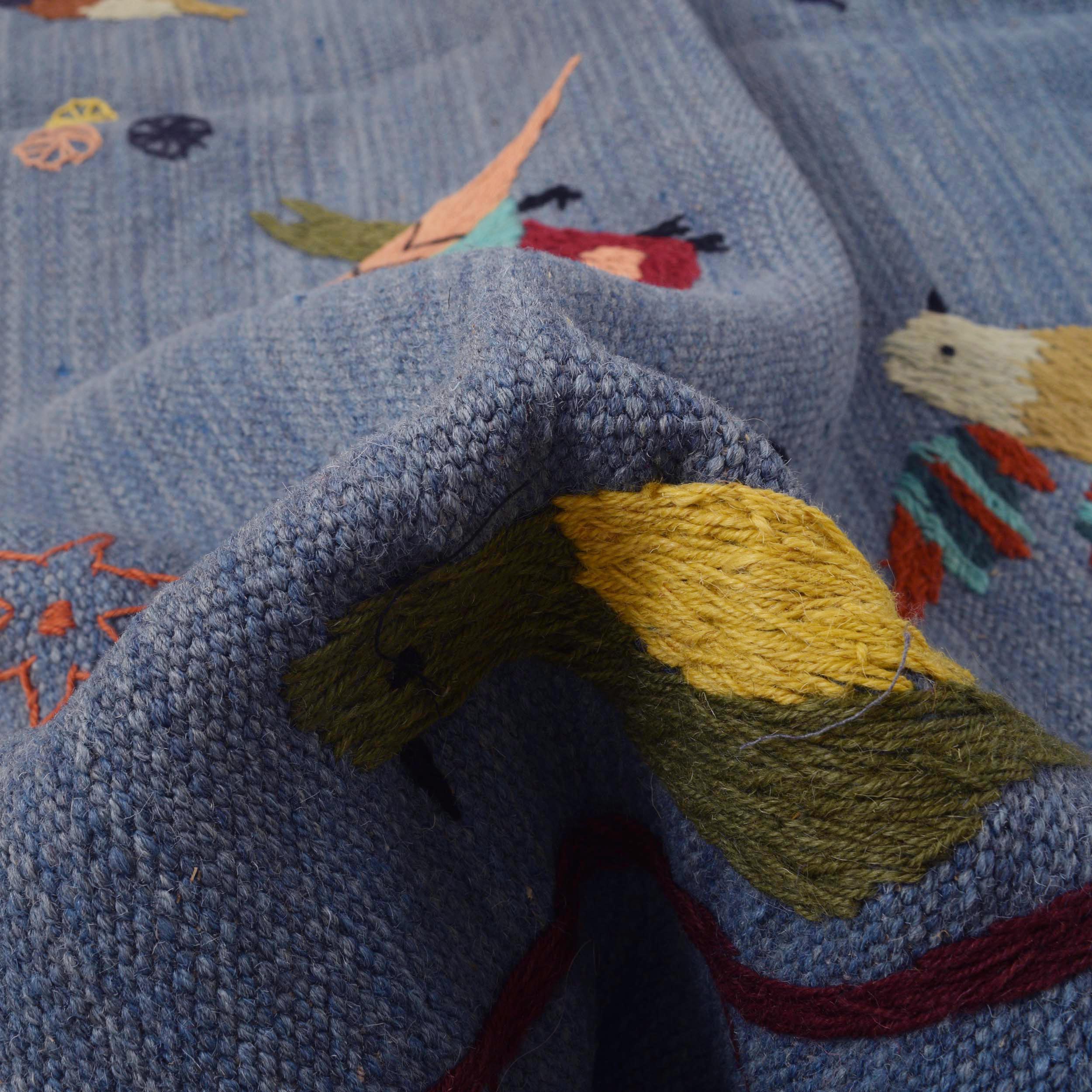 Blue Color Embroidery Flatweave Kilim 4' 11" x 6' 10" (ft) - No. B34459