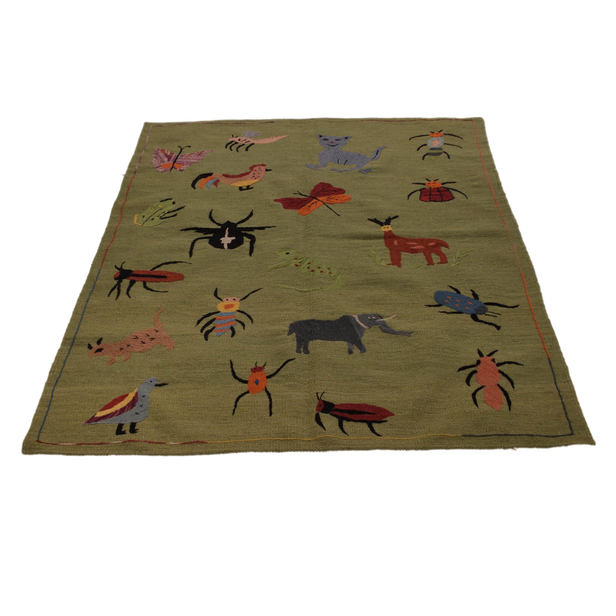 Green Color Embroidery Flatweave Kilim 4' 0" x 5' 10" (ft) - No. P34393