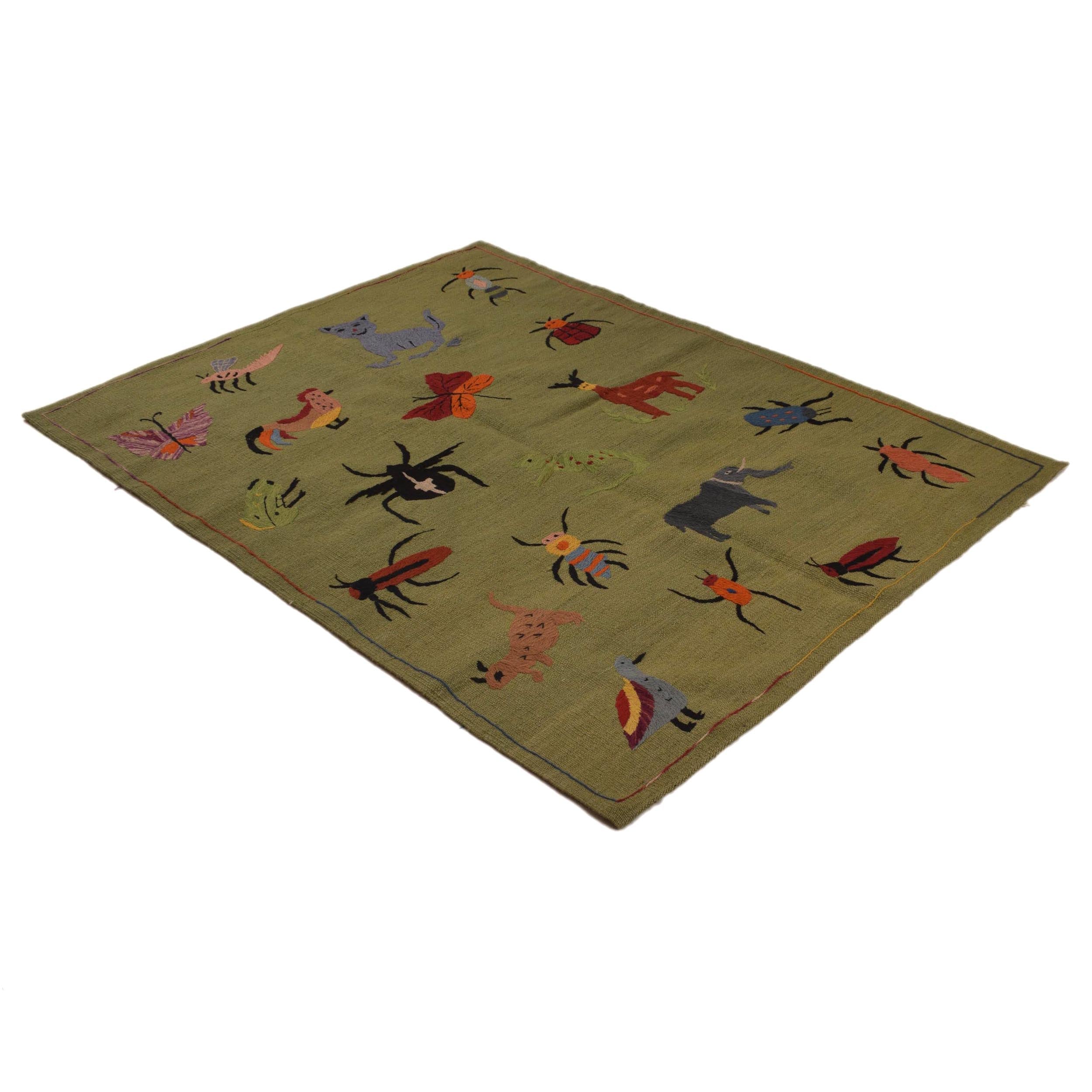 Green Color Embroidery Flatweave Kilim 4' 0" x 5' 10" (ft) - No. P34393