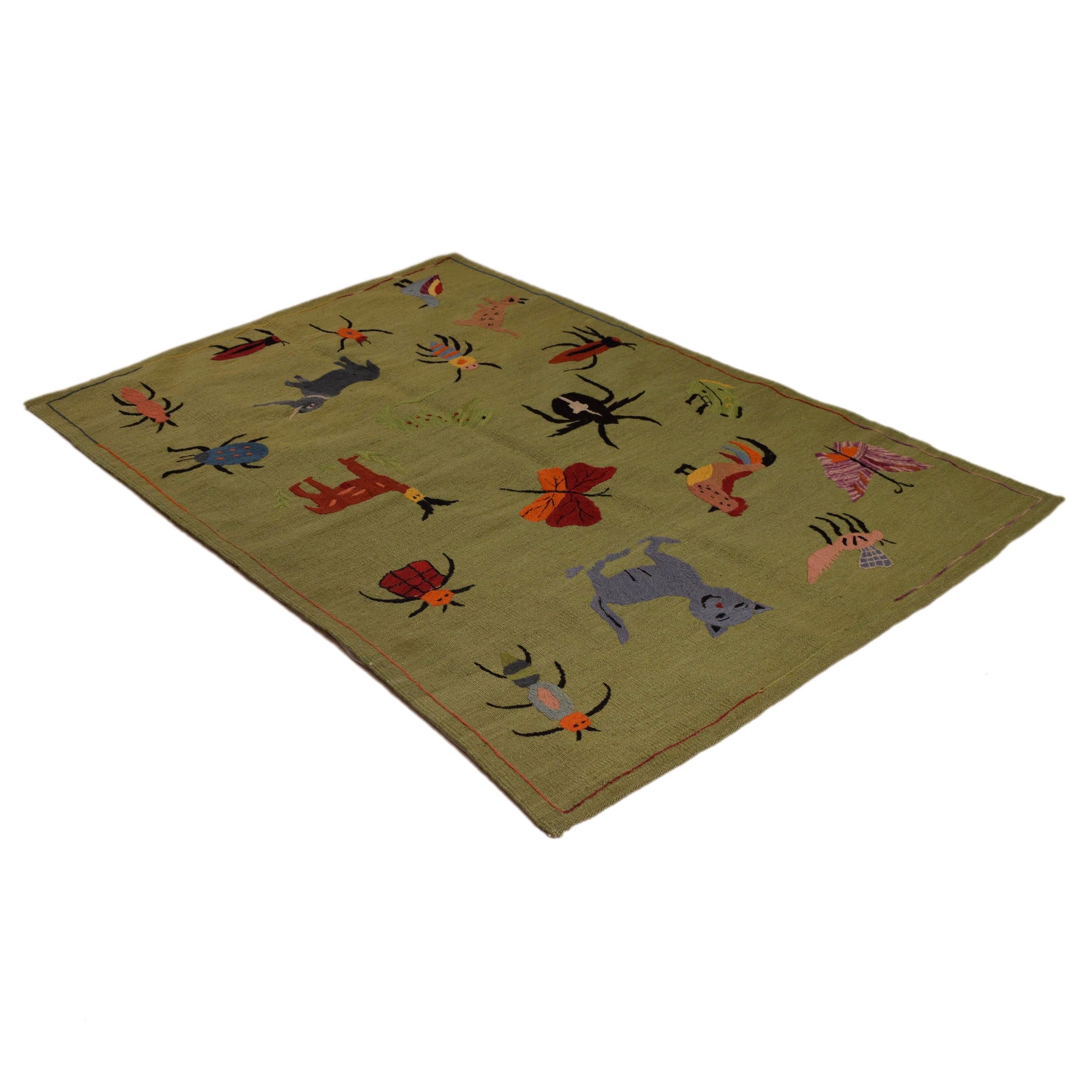 Green Color Embroidery Flatweave Kilim 4' 0" x 5' 10" (ft) - No. P34393